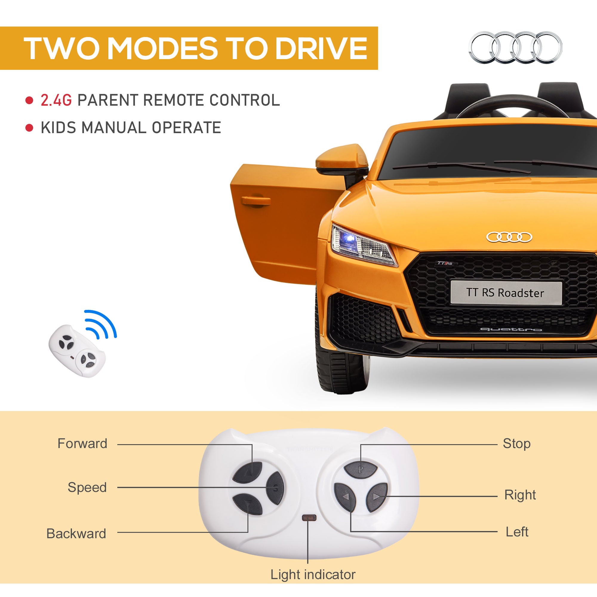 HOMCOM Kids Licensed Audi TT RS Ride-On Car 12V Battery w/ Remote Suspension Headlights and MP3 Player 3km/h Yellow - anydaydirect
