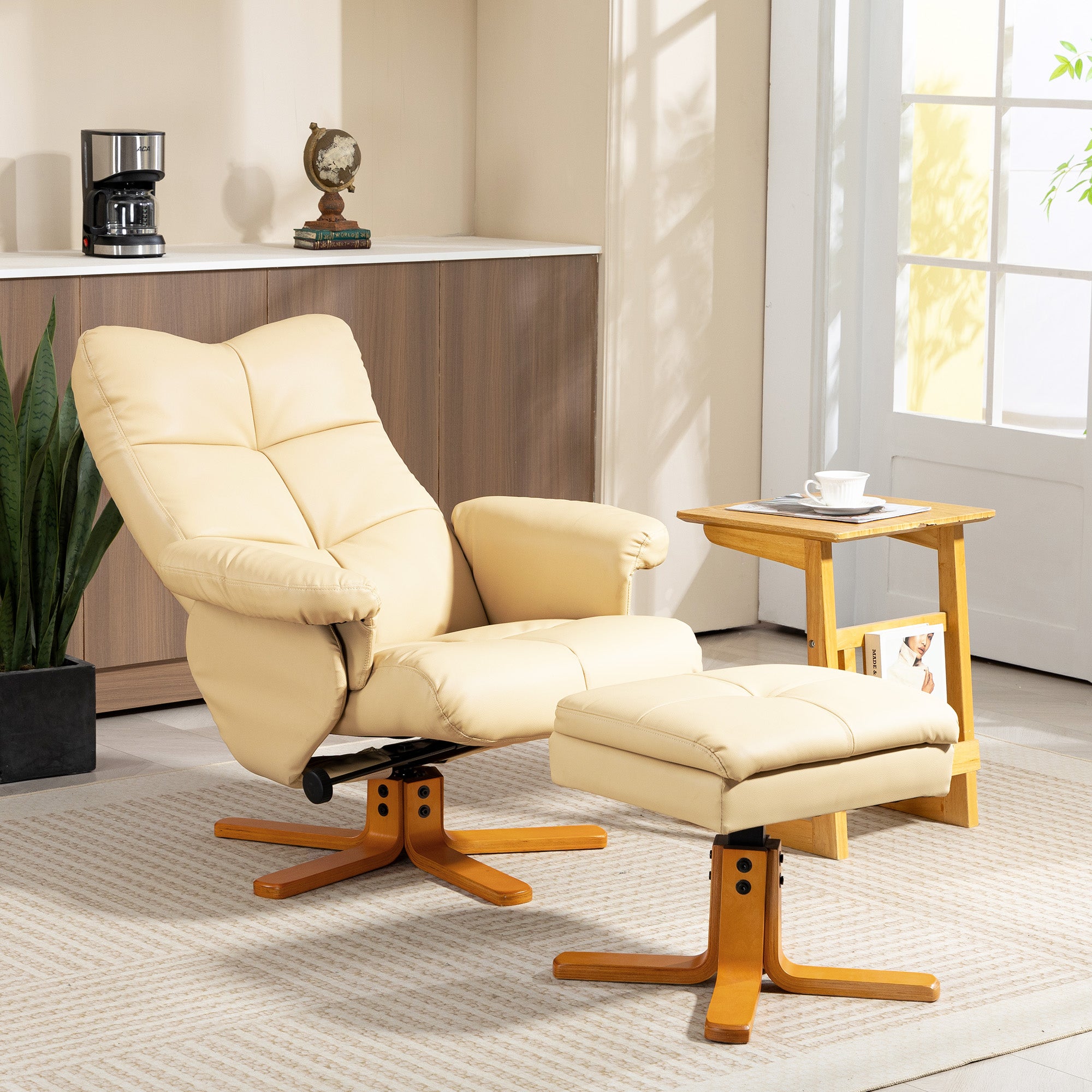 HOMCOM PU Leather Swivel Recliner Chair with Footstool, Wooden Base and Storage for Living Room, Beige - anydaydirect