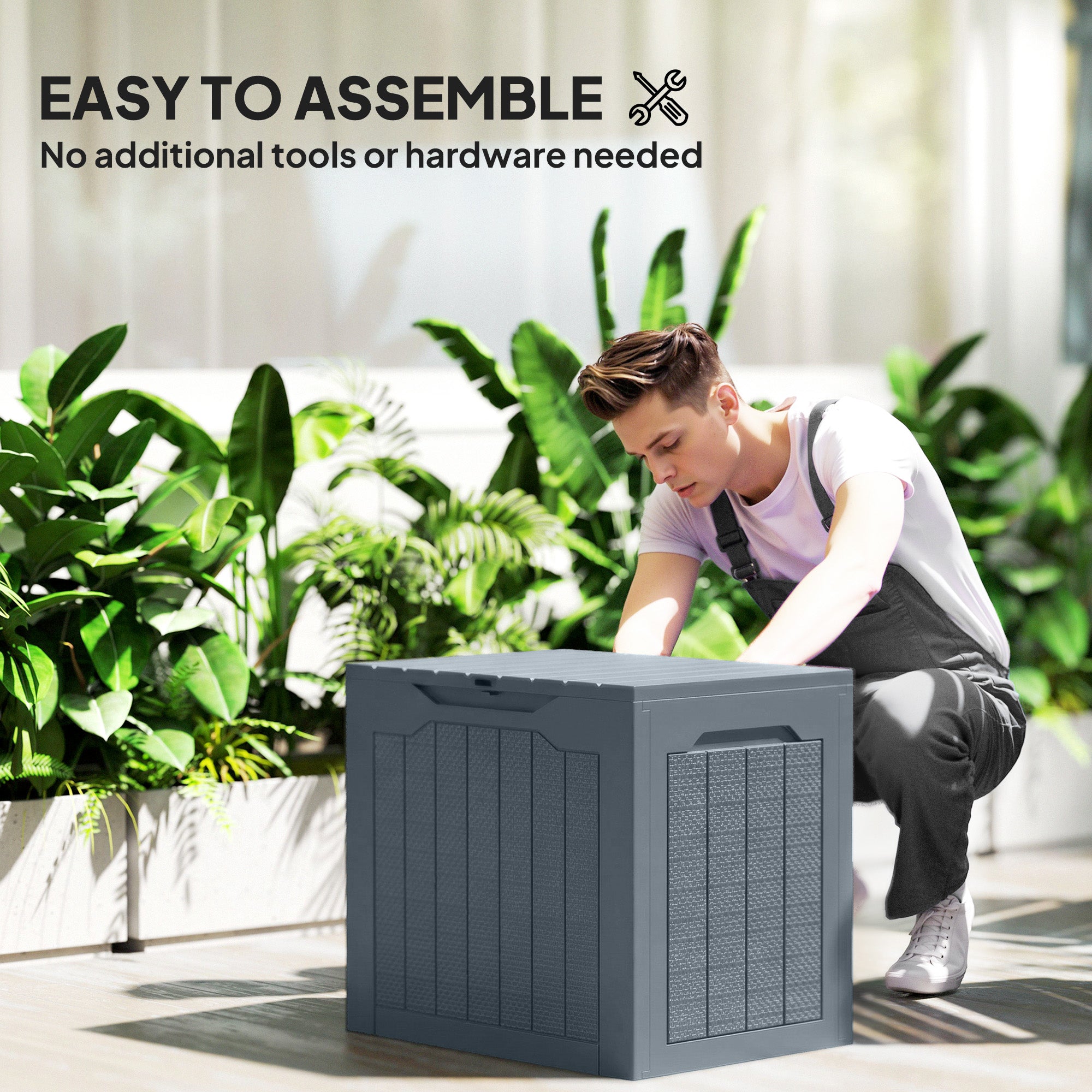 Outsunny 93L Plastic Garden Storage Box, Outdoor Storage Box with Handles, Waterproof Outdoor Storage Container, Light Grey - anydaydirect