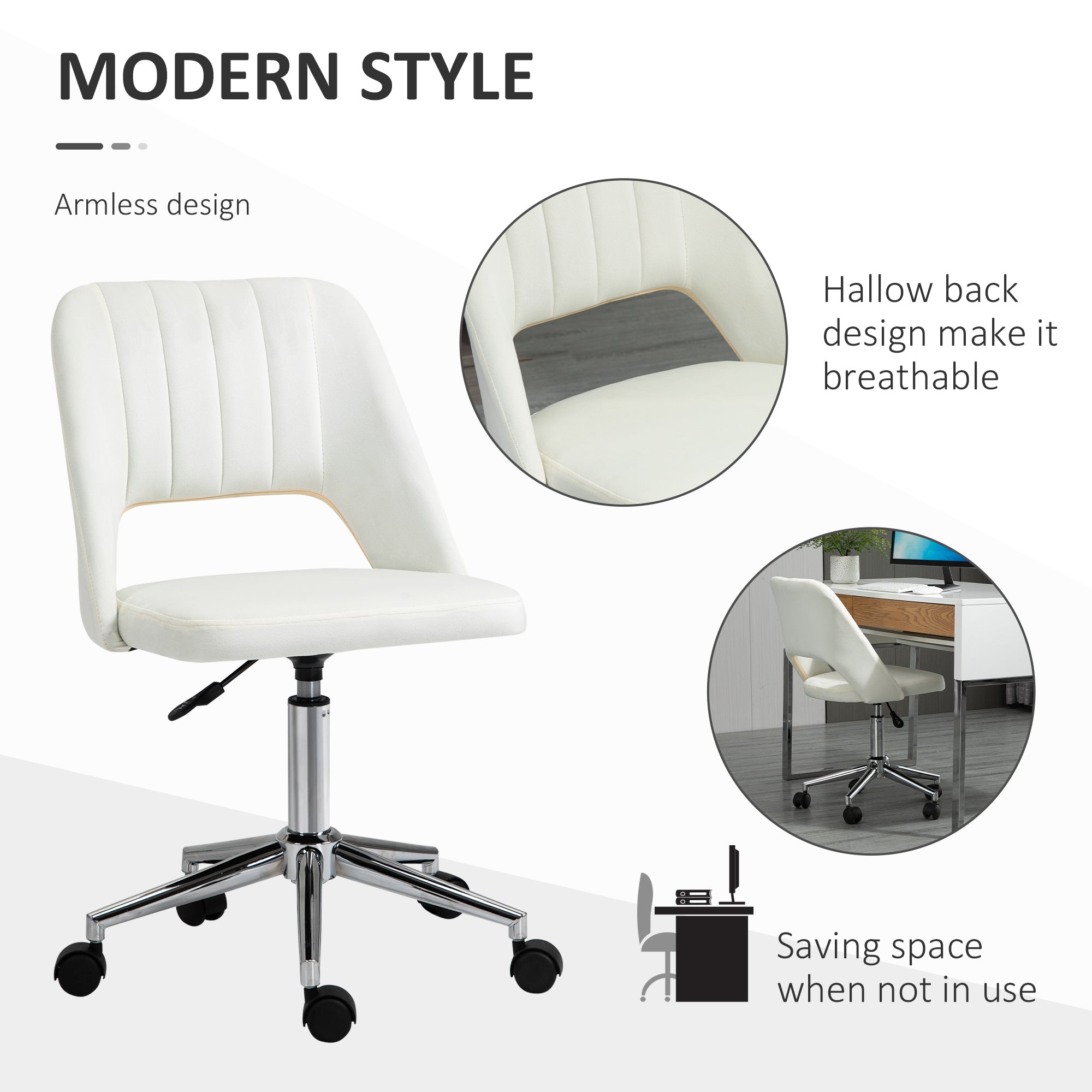 Vinsetto Armless Velvet-Feel Office Chair - Cream White - anydaydirect