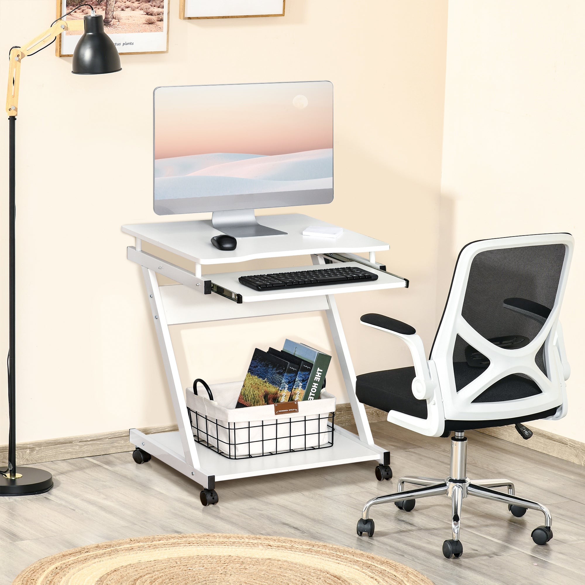 HOMCOM Movable Computer Desk with 4 Moving Wheels Sliding Keyboard Tray Home Office Workstation White - anydaydirect