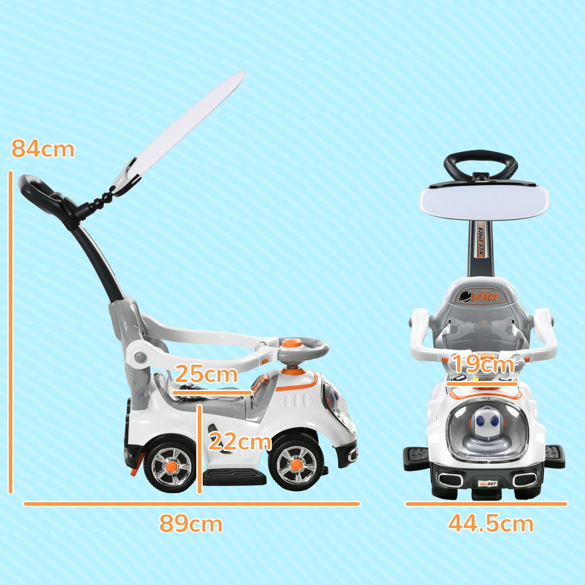 AIYAPLAY 3 in 1 Ride on Push Car, Cartoon Robot Theme Foot to Floor Slider w/ Handle Light Music Horn, Storage - White - anydaydirect