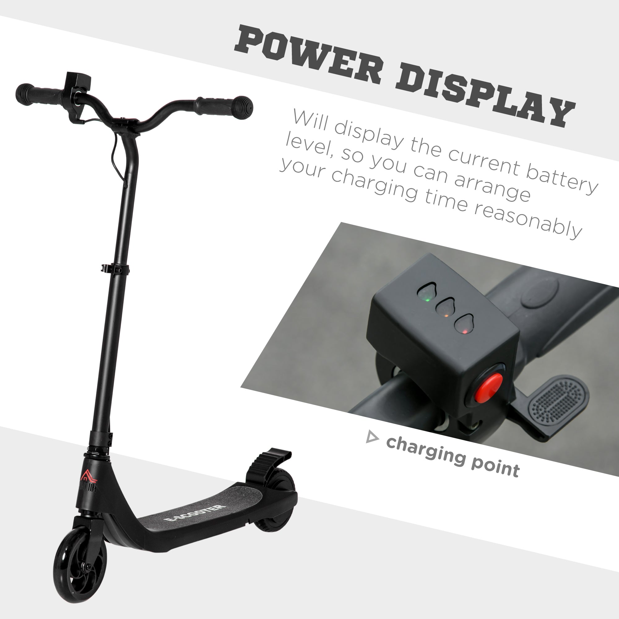 HOMCOM Electric Scooter, 120W Motor E-Scooter w/ Battery Display, Adjustable Height, Rear Brake for Ages 6+ Years - Black - anydaydirect