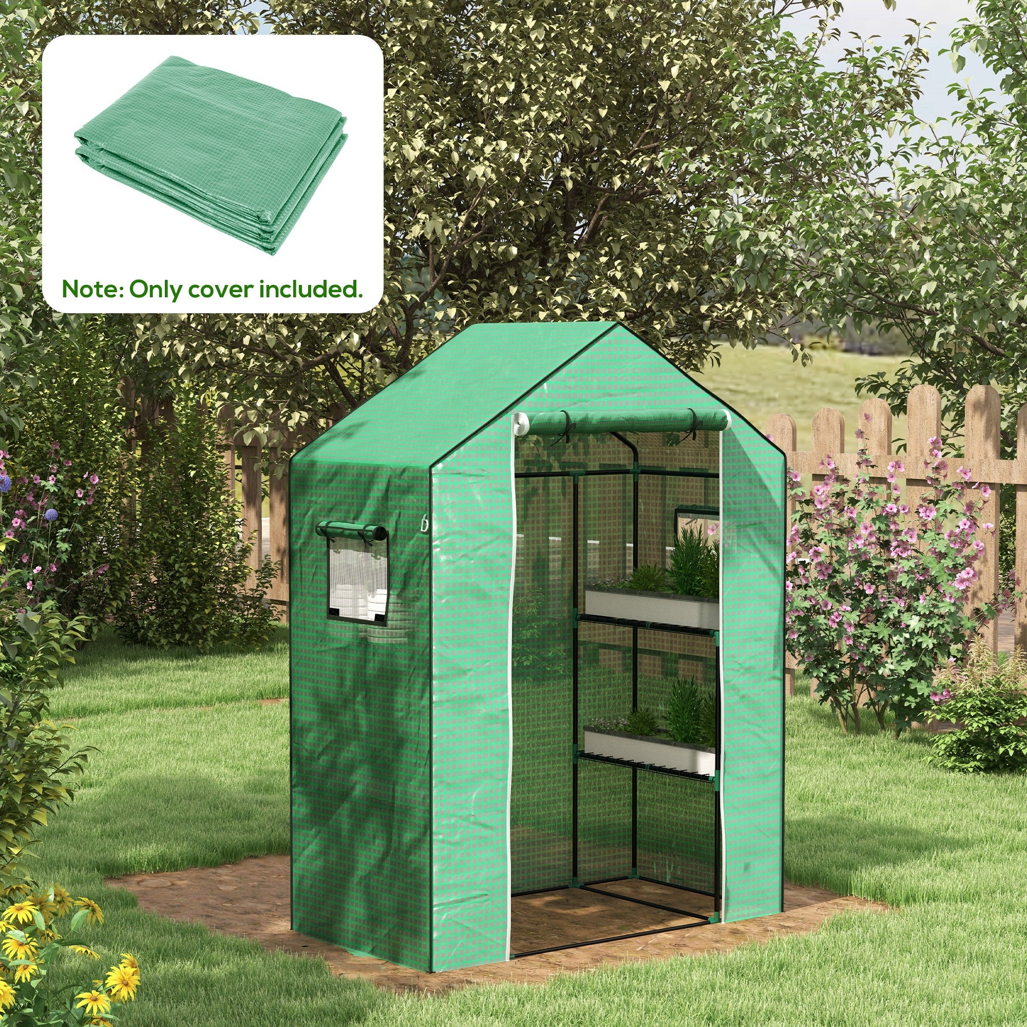 Outsunny Greenhouse Cover Replacement Walk-in PE Hot House Cover with Roll-up Door and Windows, 140 x 73 x 190cm, Green - anydaydirect