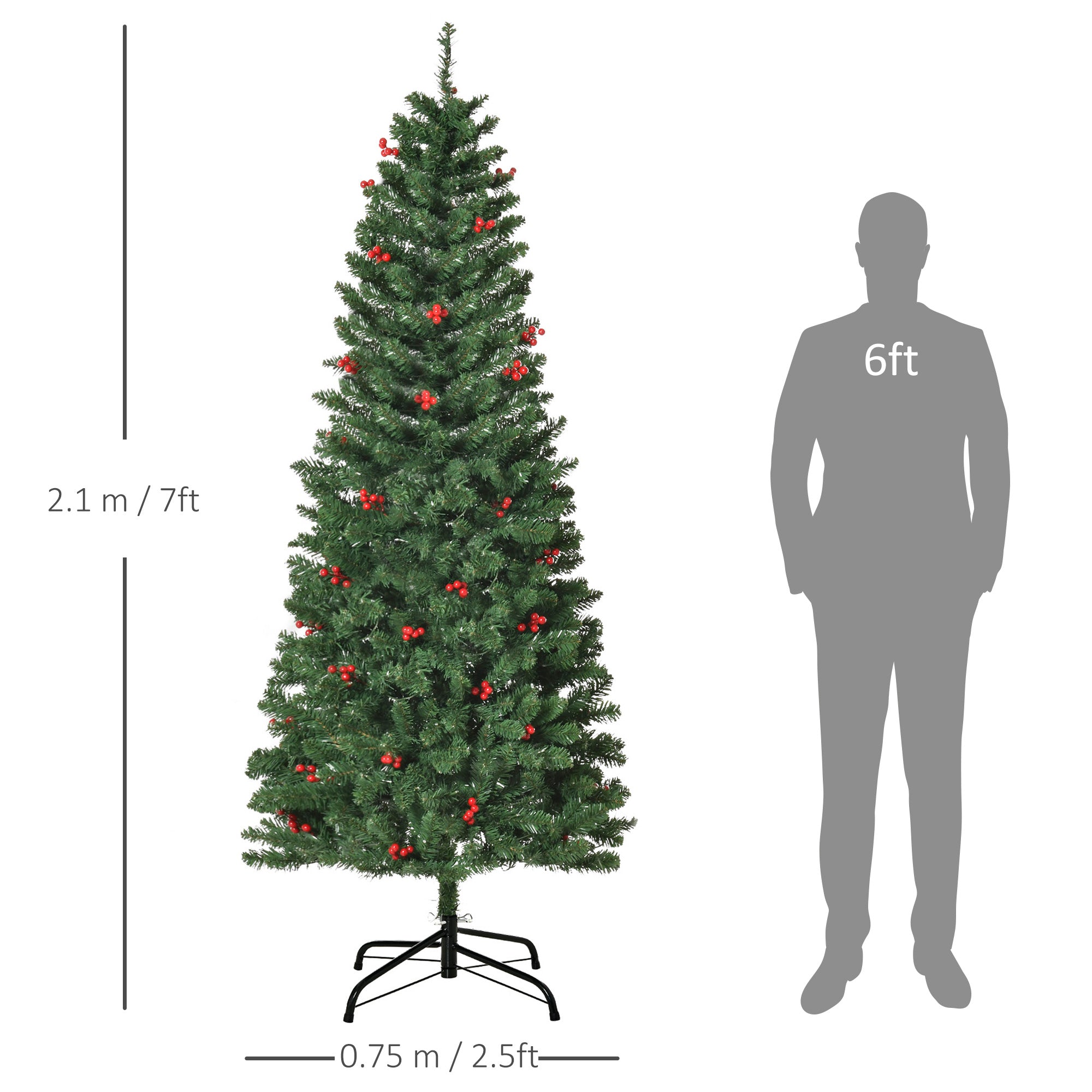 HOMCOM 7FT Prelit Artificial Pencil Christmas Tree with Warm White LED Light, Red Berry, Holiday Home Xmas Decoration, Green - anydaydirect