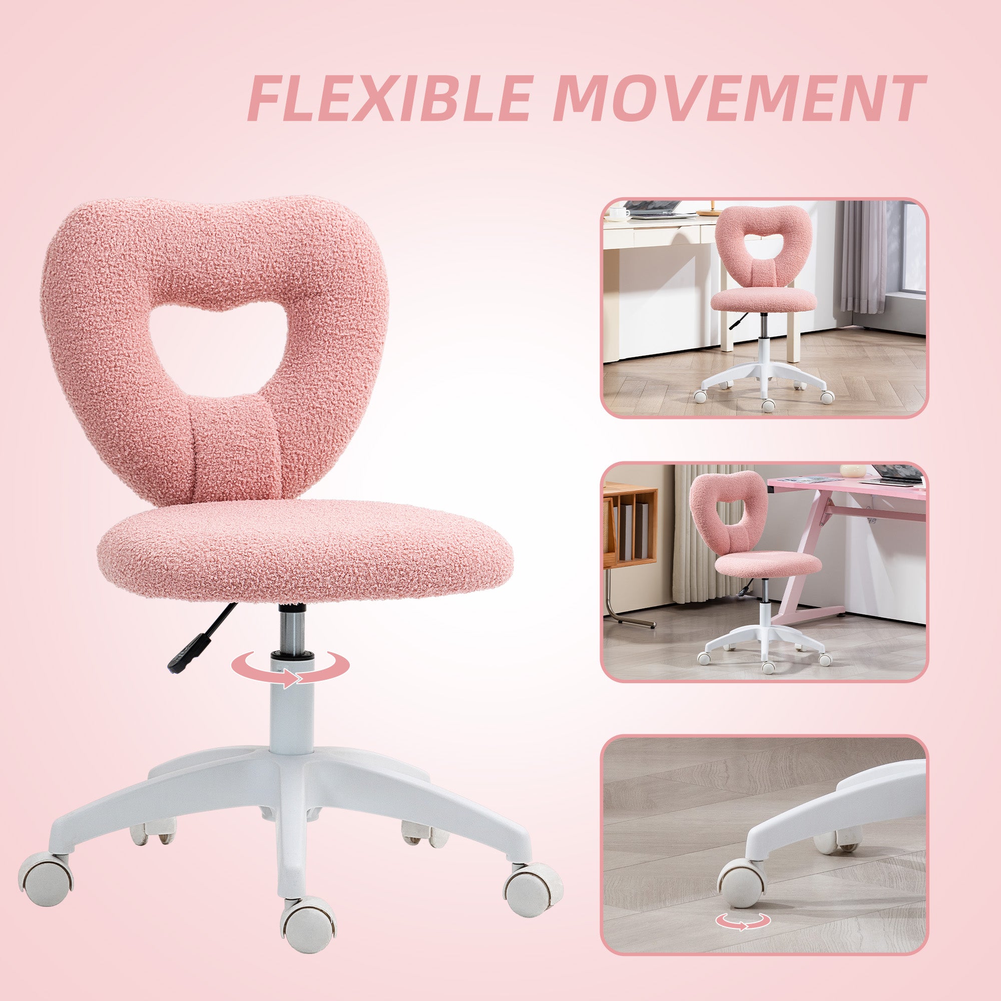 HOMCOM Armless Heart Computer Desk Chair, Teddy Fleece Swivel Office Chair, Makeup Vanity Chair with Height Adjustable, Wheels, for Home Study Bedroom, Pink - anydaydirect