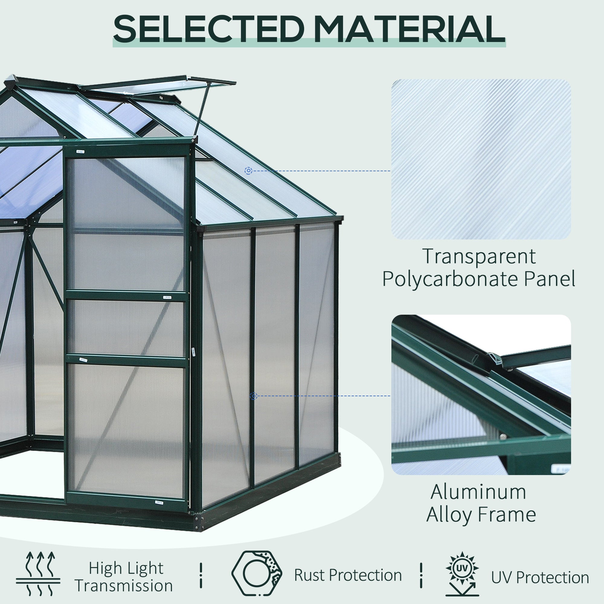 Outsunny 6 x 6ft Polycarbonate Greenhouse, Large Walk-In Green House with Slide Door and Window, Garden Plants Grow House with Aluminium Frame and Foundation, Dark Green - anydaydirect