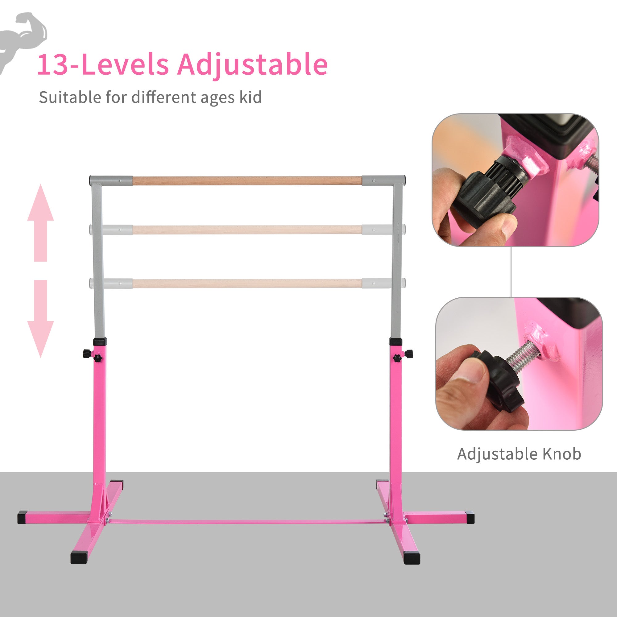 HOMCOM Height Adjustable Gymnastics Horizontal Bar for Kids, Children Junior Kip High Bar Fitness, Pink - anydaydirect