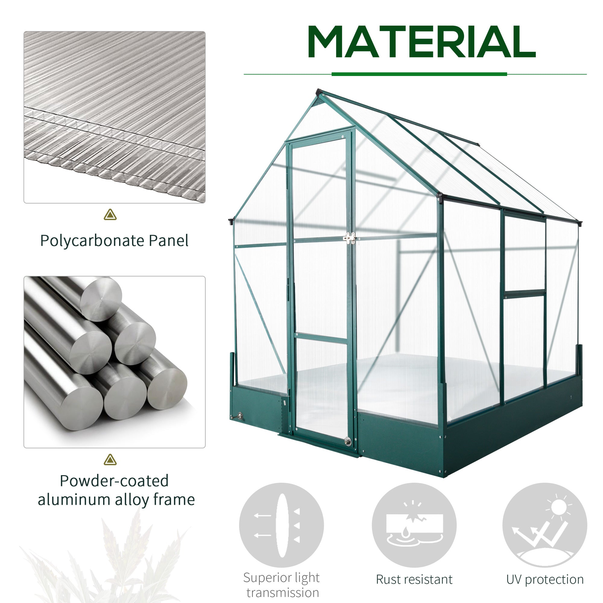 Outsunny Garden Walk-in Aluminium Greenhouse Polycarbonate with Plant Bed, Temperature Controlled Window, Foundation, 6 x 6ft - anydaydirect