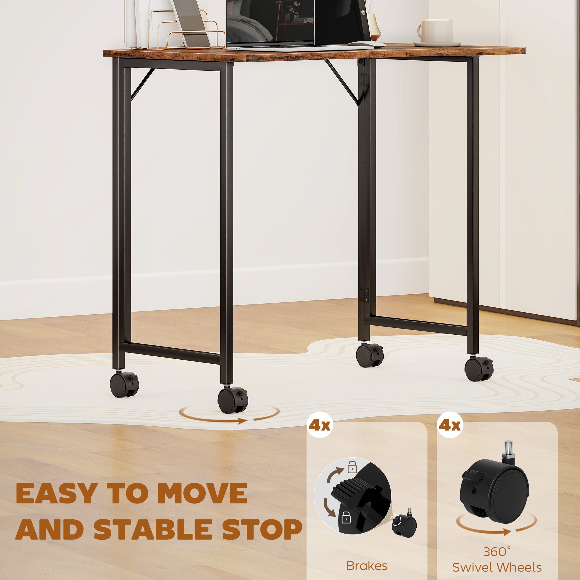 HOMCOM Folding Small Desk on Wheels - Rustic Brown - anydaydirect