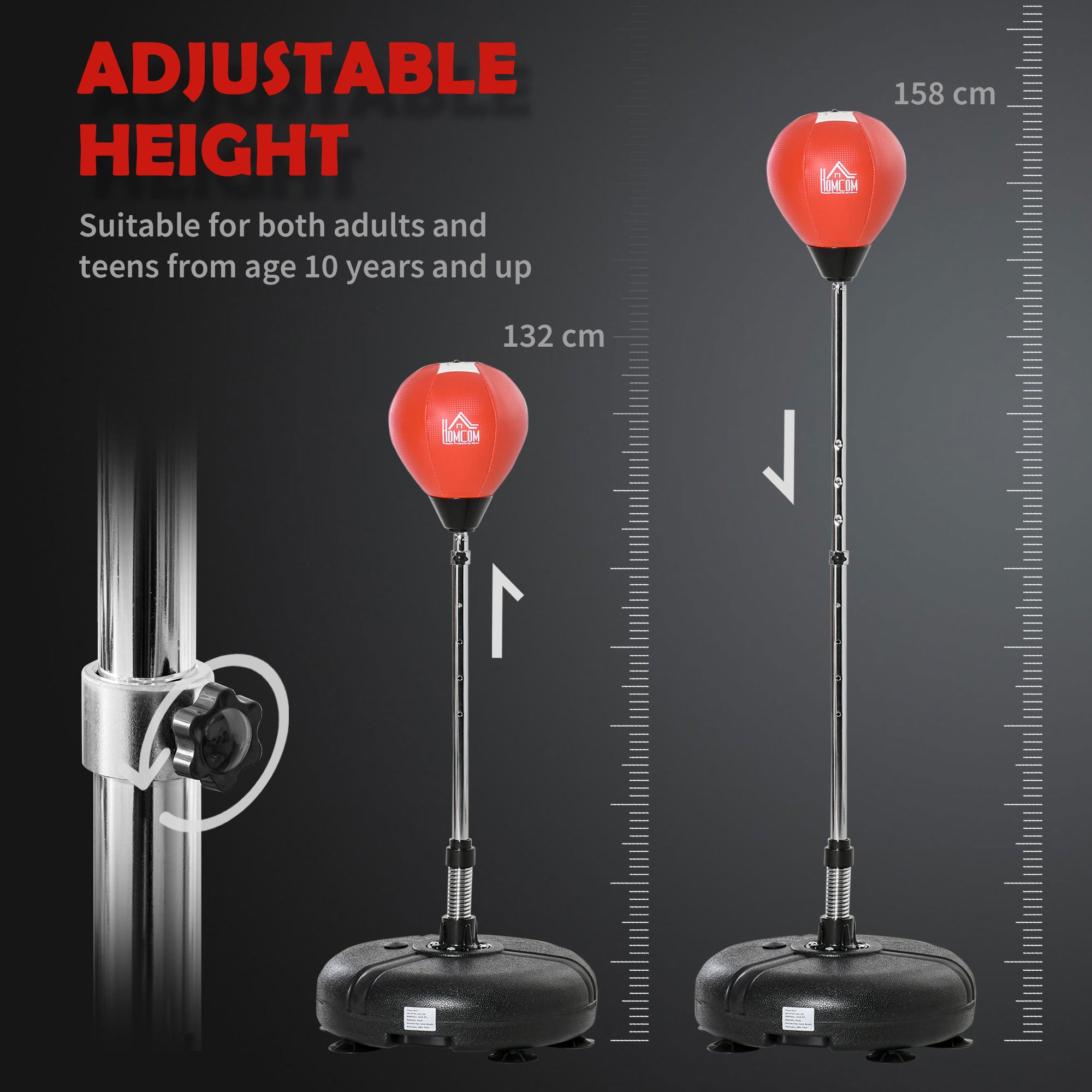 HOMCOM Punching Bag with Stand, 132-158cm Adjustable Height, for Teens, Red/Black - anydaydirect