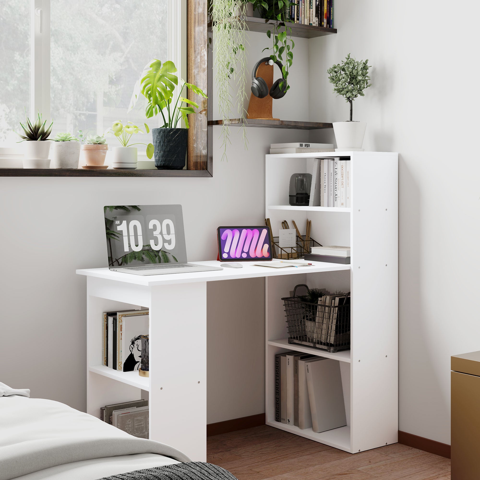 HOMCOM 120cm Modern Computer Desk Bookshelf Study Table Workstation PC Laptop Writing Home Office 6 Shelves, White - anydaydirect