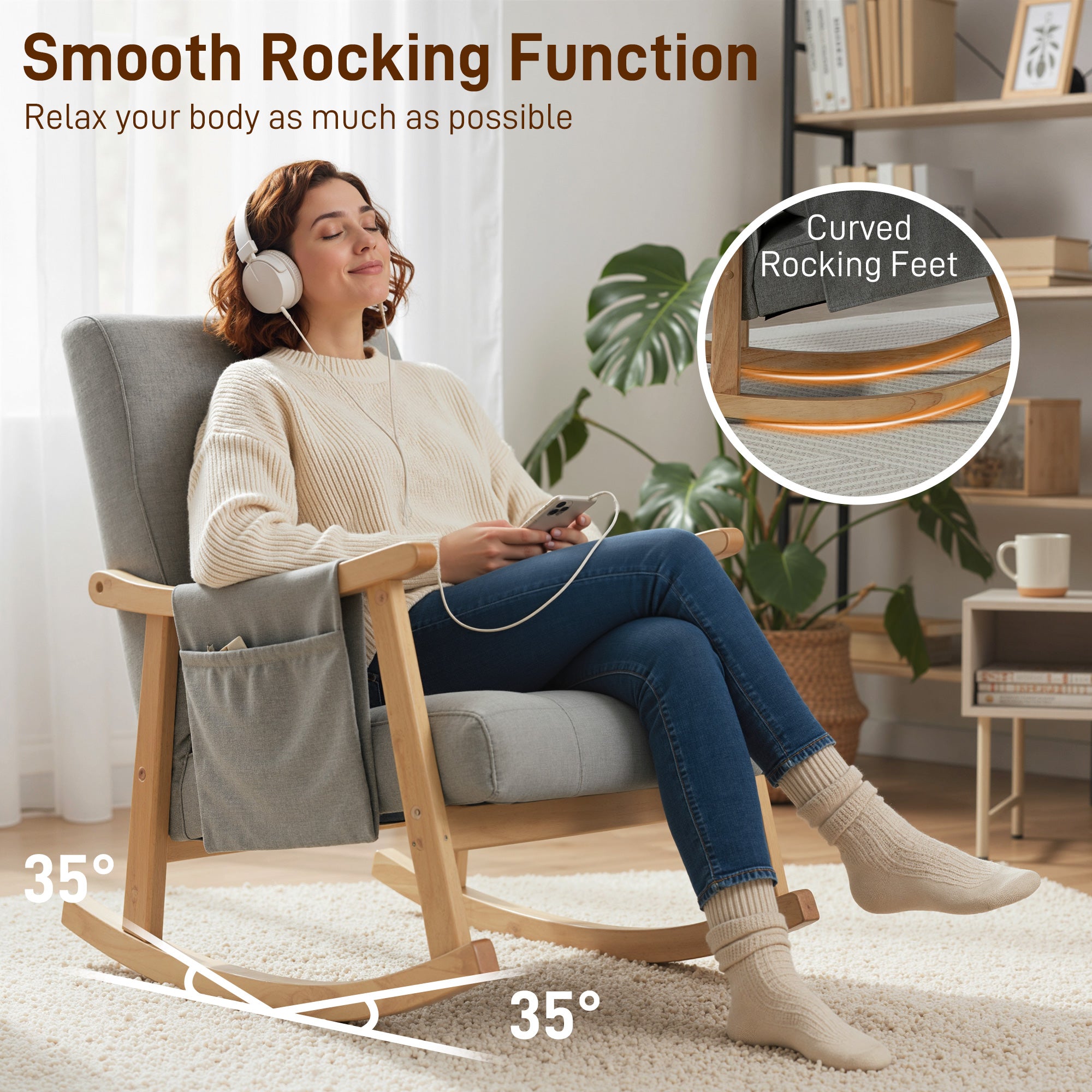 HOMCOM Wood Frame Rocking Accent Chair - Light Grey - anydaydirect