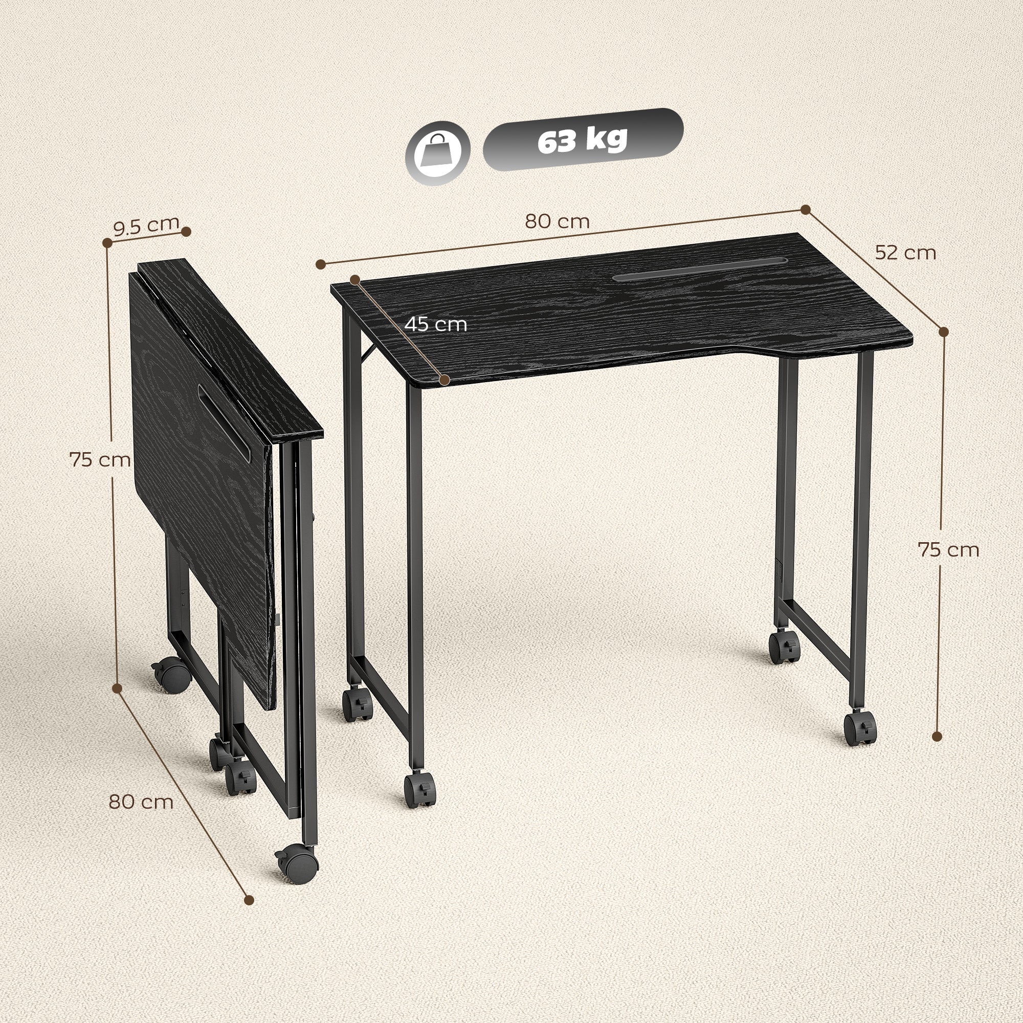 HOMCOM Folding Small Desk on Wheels - Black Wood Effect - anydaydirect