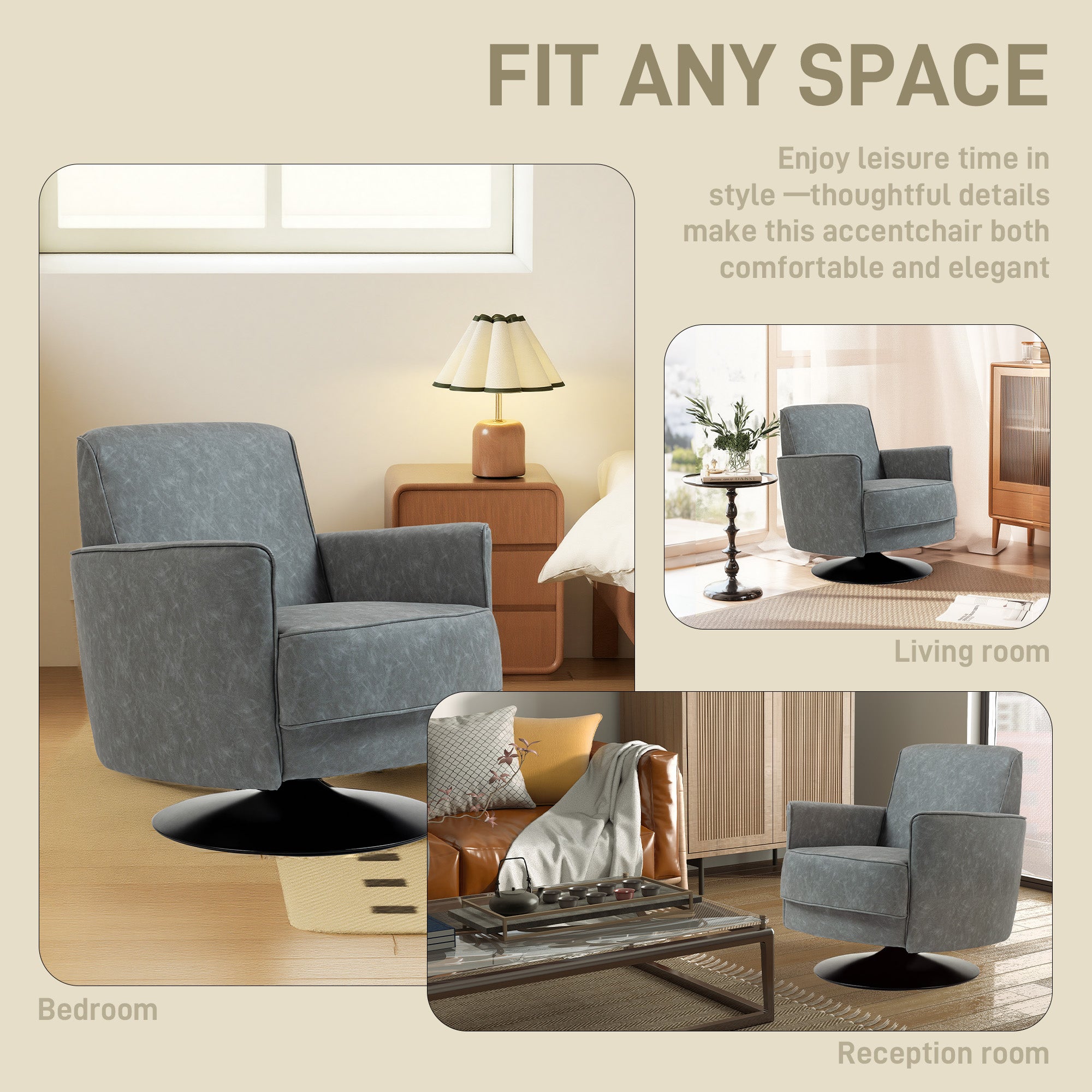 HOMCOM Upholstered Swivel Accent Chair with Thick Padding, Grey - anydaydirect