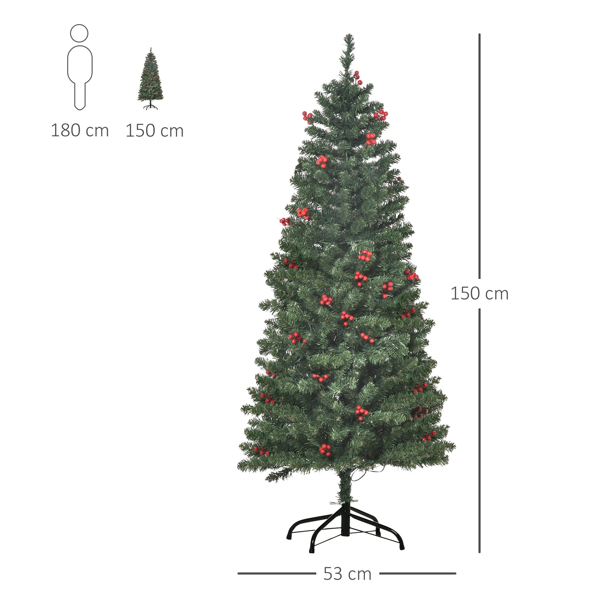 HOMCOM 5FT Prelit Artificial Pencil Christmas Tree with Warm White LED Light, Red Berry, Holiday Home Xmas Decoration, Green - anydaydirect