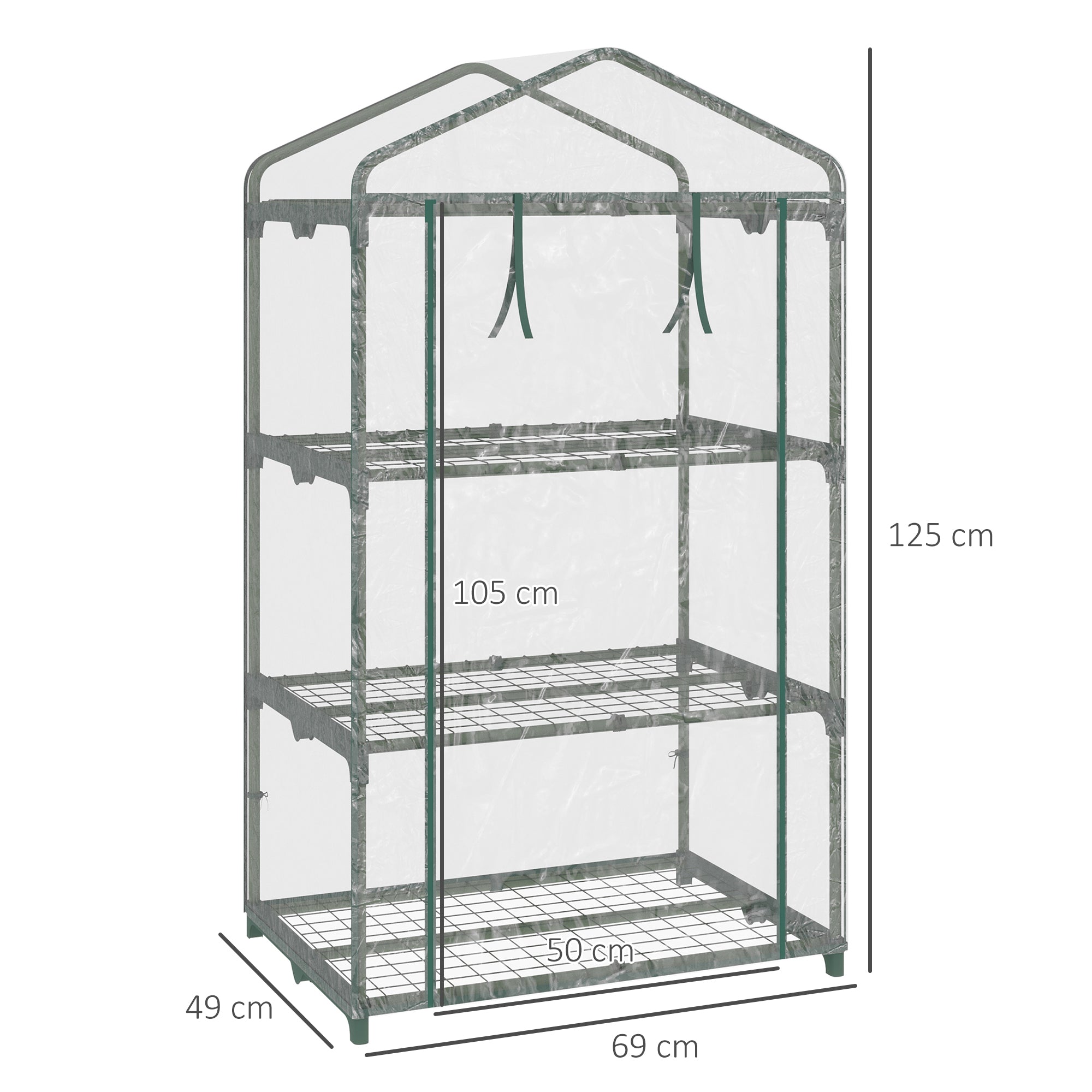 Outsunny 3 Tier Mini Greenhouse Portable Garden Grow House with Roll Up Door and Wire Shelves, 69L x 49W x 125H cm, Clear - anydaydirect