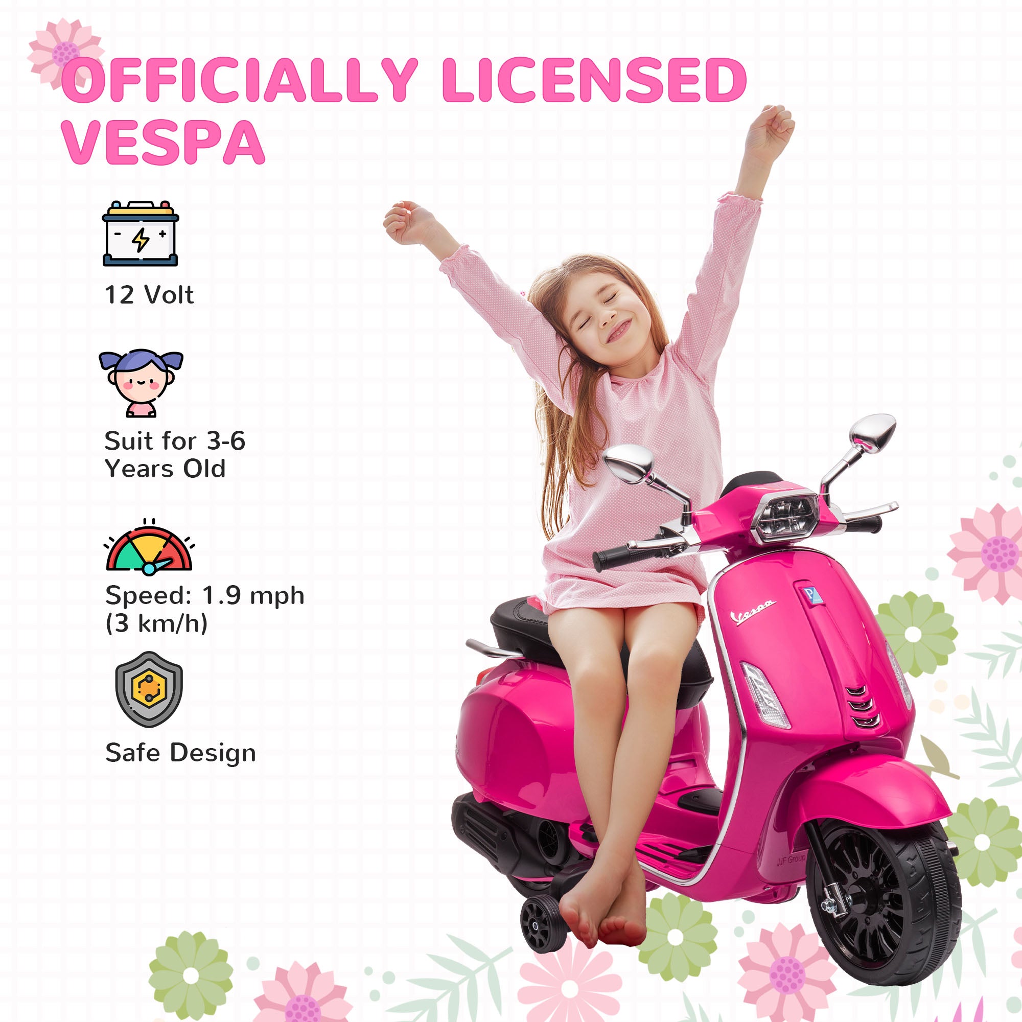 AIYAPLAY 12V Vespa Licensed Kids Electric Motorbike w/ Music, Headlights, FM Radio, for 3-6 Years - Pink - anydaydirect