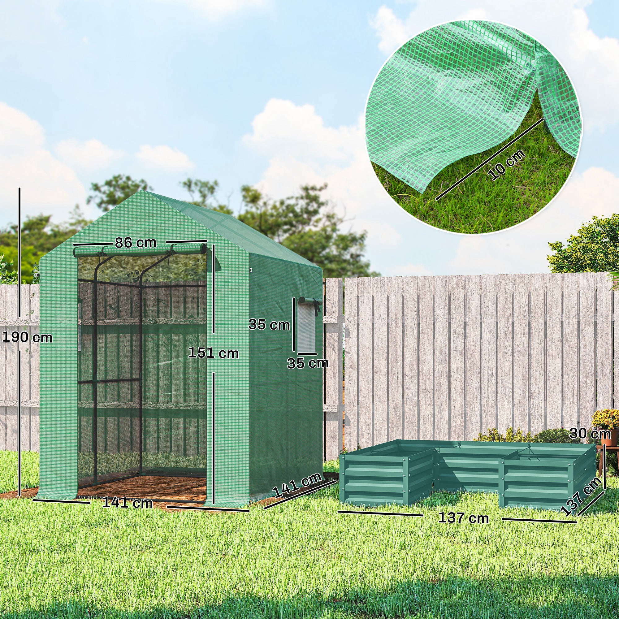 Outsunny Small Greenhouse with Raised Garden Bed, Galvanised Walk-in Greenhouse with Roll Up Windows, 141 x 141 x 190 cm, Green - anydaydirect