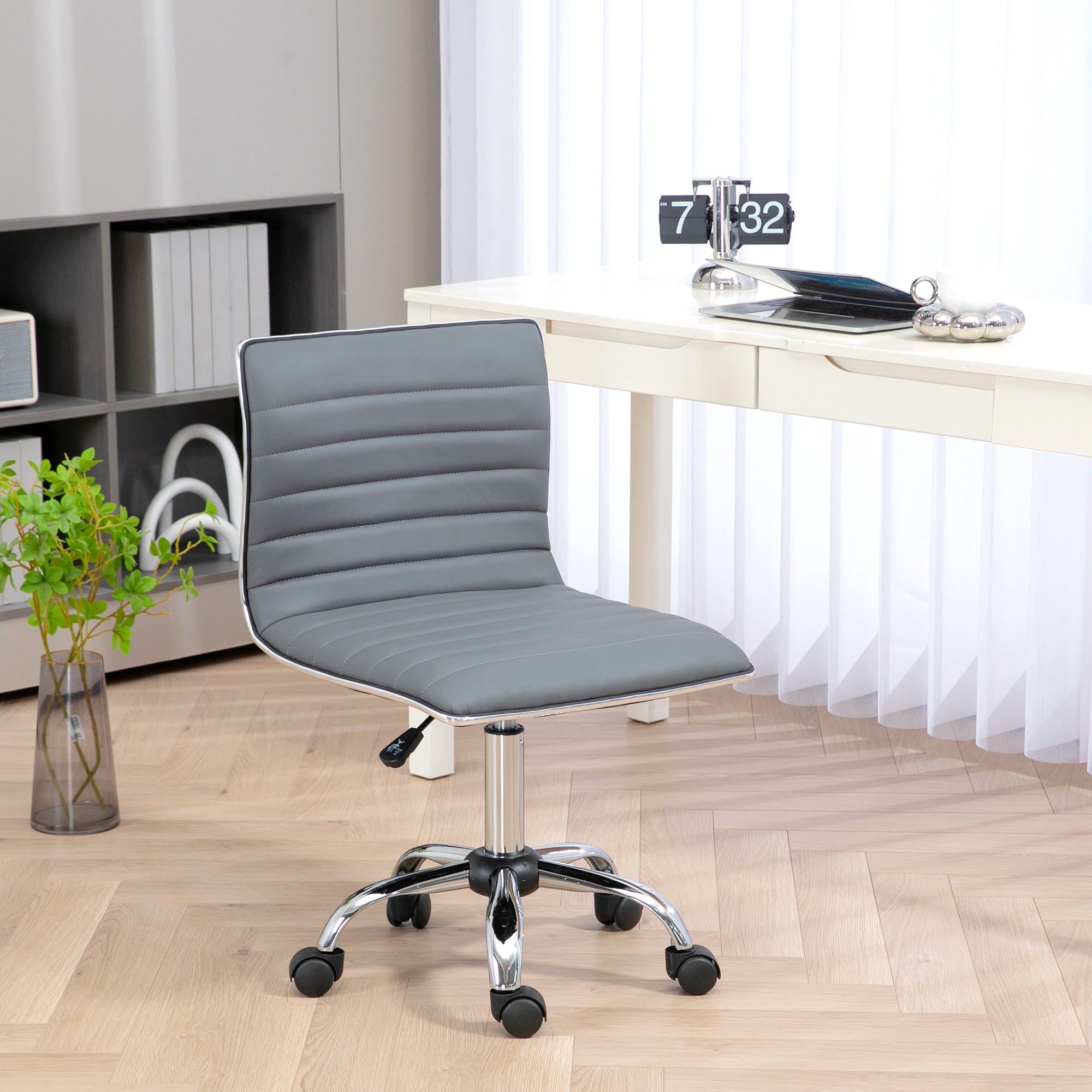 HOMCOM Adjustable Swivel Office Chair with Armless Mid-Back in PU Leather and Chrome Base - Light Grey - anydaydirect