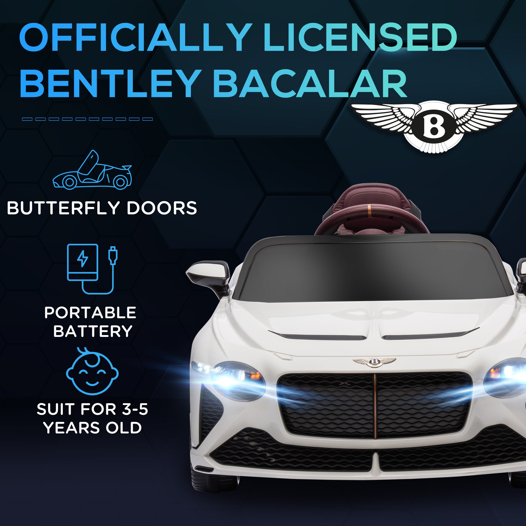 Bentley Bacalar Licensed 12V Kids Electric Ride on Car w/ Remote Control, HOMCOM Powered Electric Car w/ Portable Battery Aged 3-5 - anydaydirect
