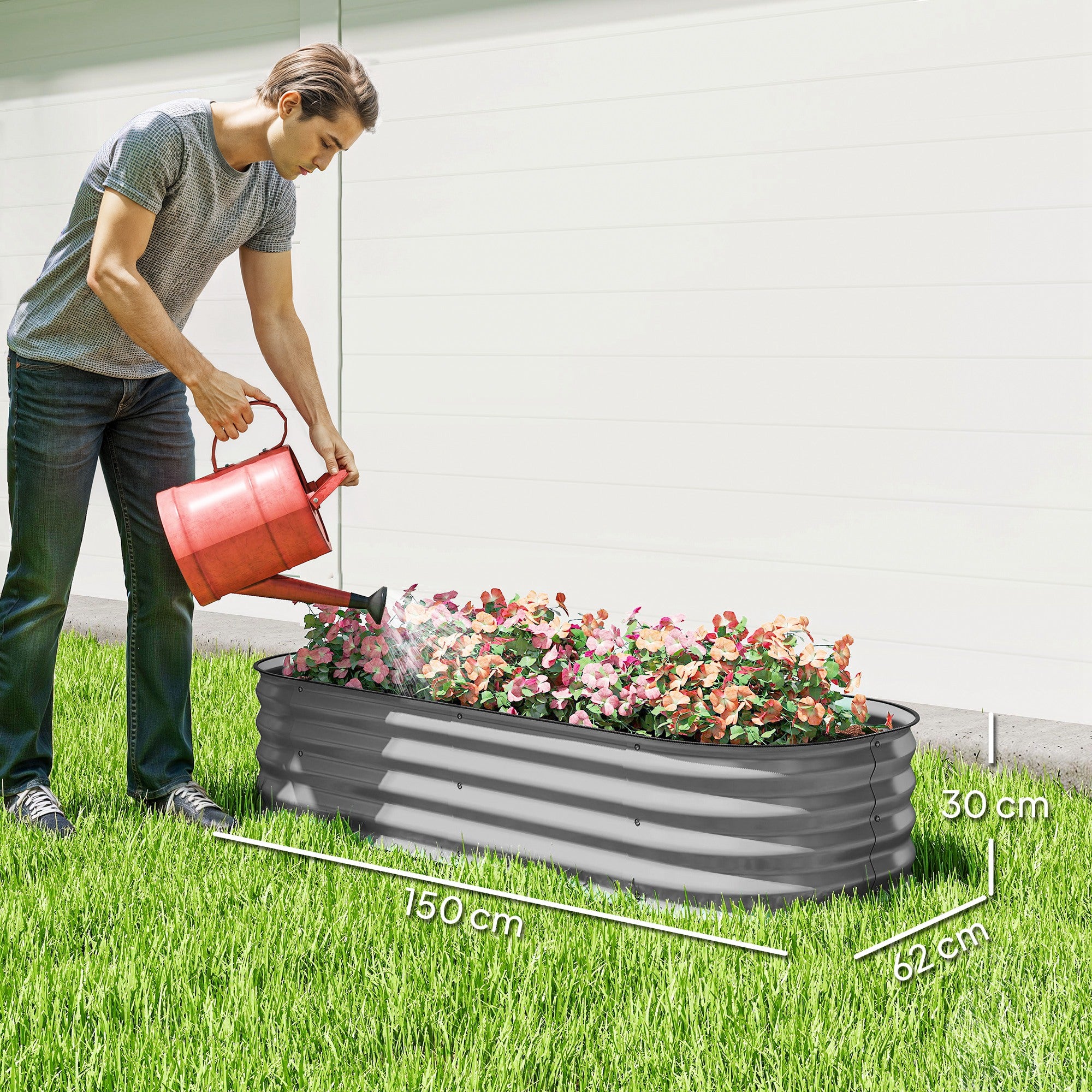 Outsunny Galvanised Raised Garden Bed, Metal Planter Box with Safety Edging, for Flowers, Herbs, Succulents, Silver - anydaydirect