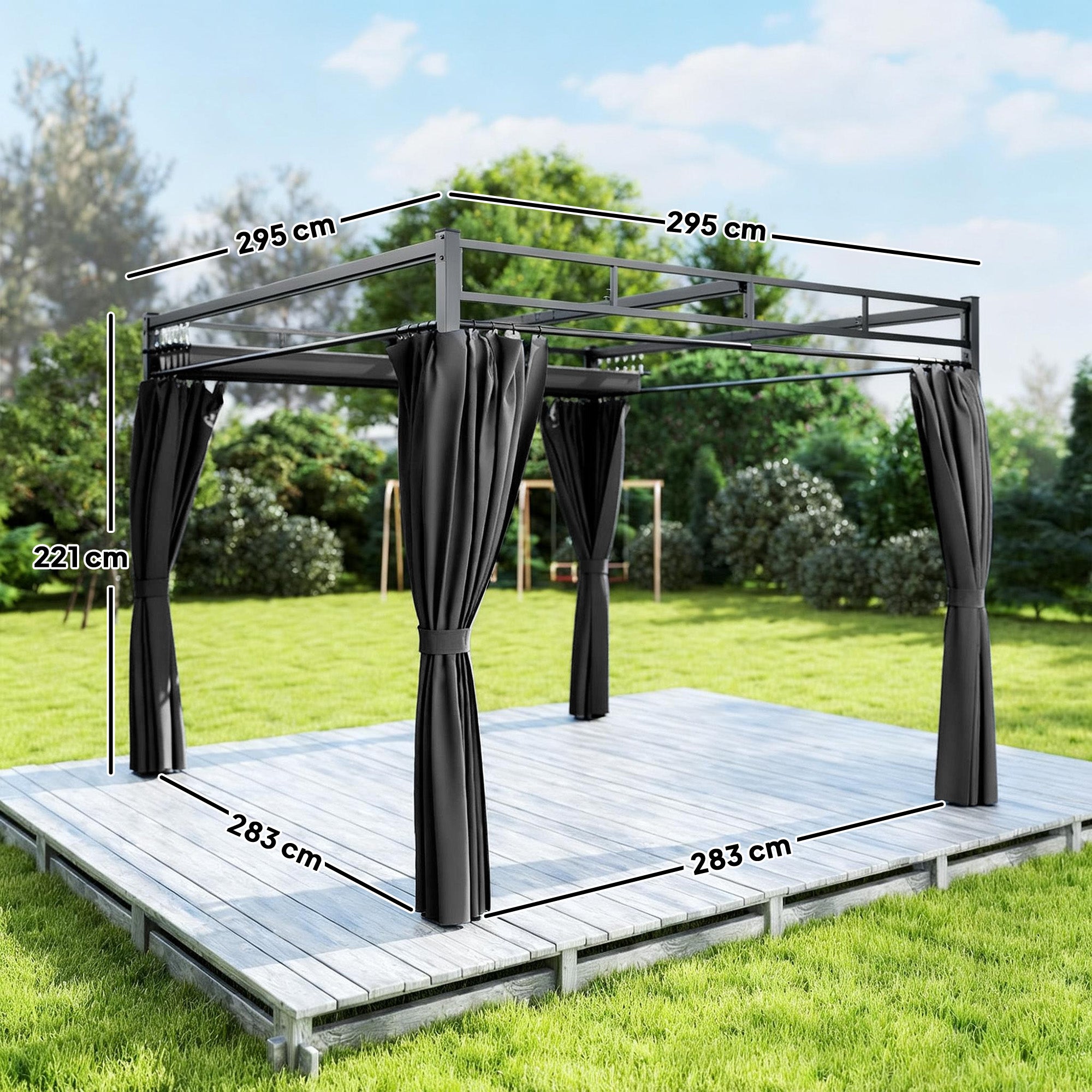 Outsunny 3 x 3 m Pergola with Retractable Roof Canopy and Curtains, UPF30+ Metal Frame Garden Pergola Gazebo Sun Shade, Dark Grey - anydaydirect