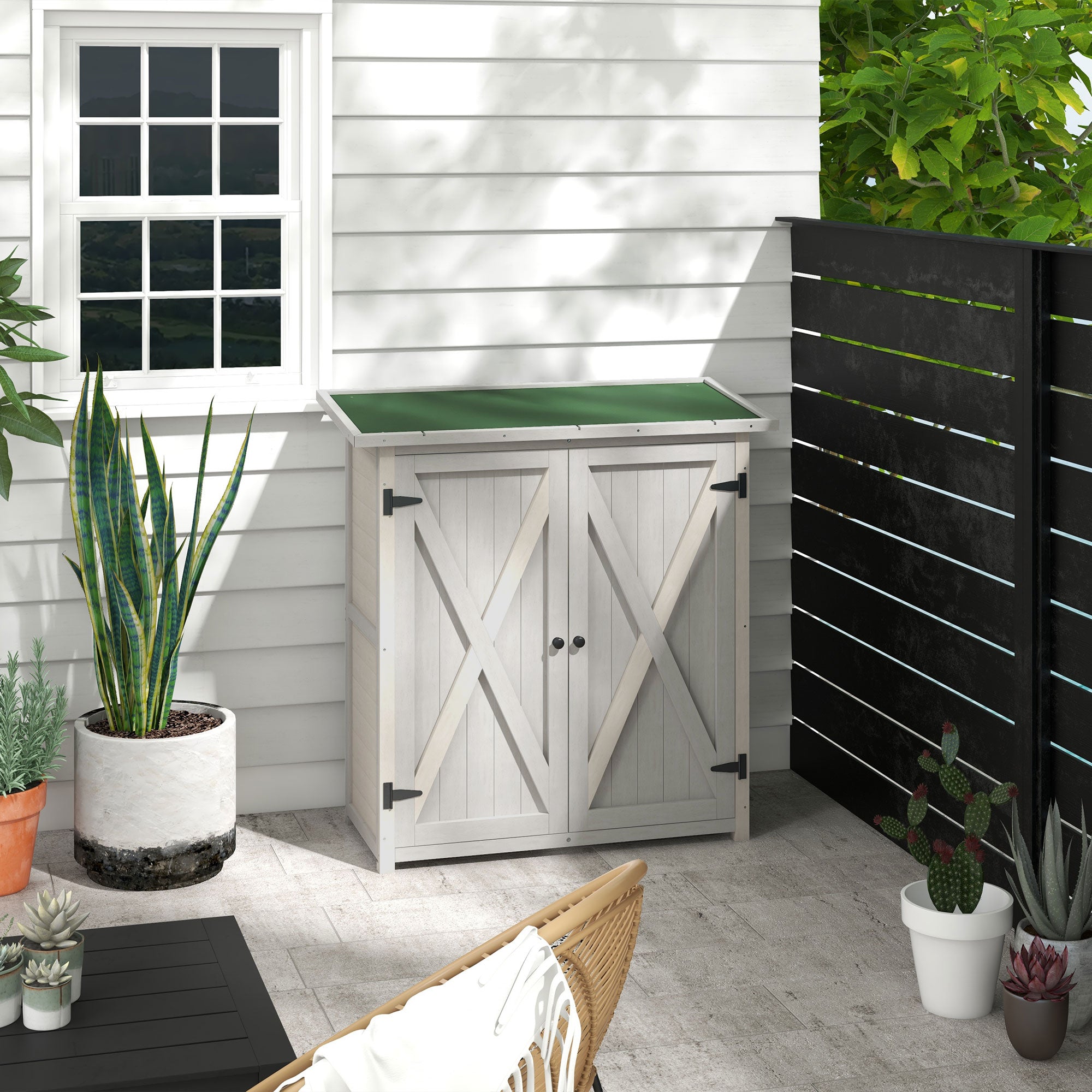 Outsunny Wooden Garden Shed Storage Shed Fir Tool Cabinet with Shelves Double Door Light Grey - anydaydirect