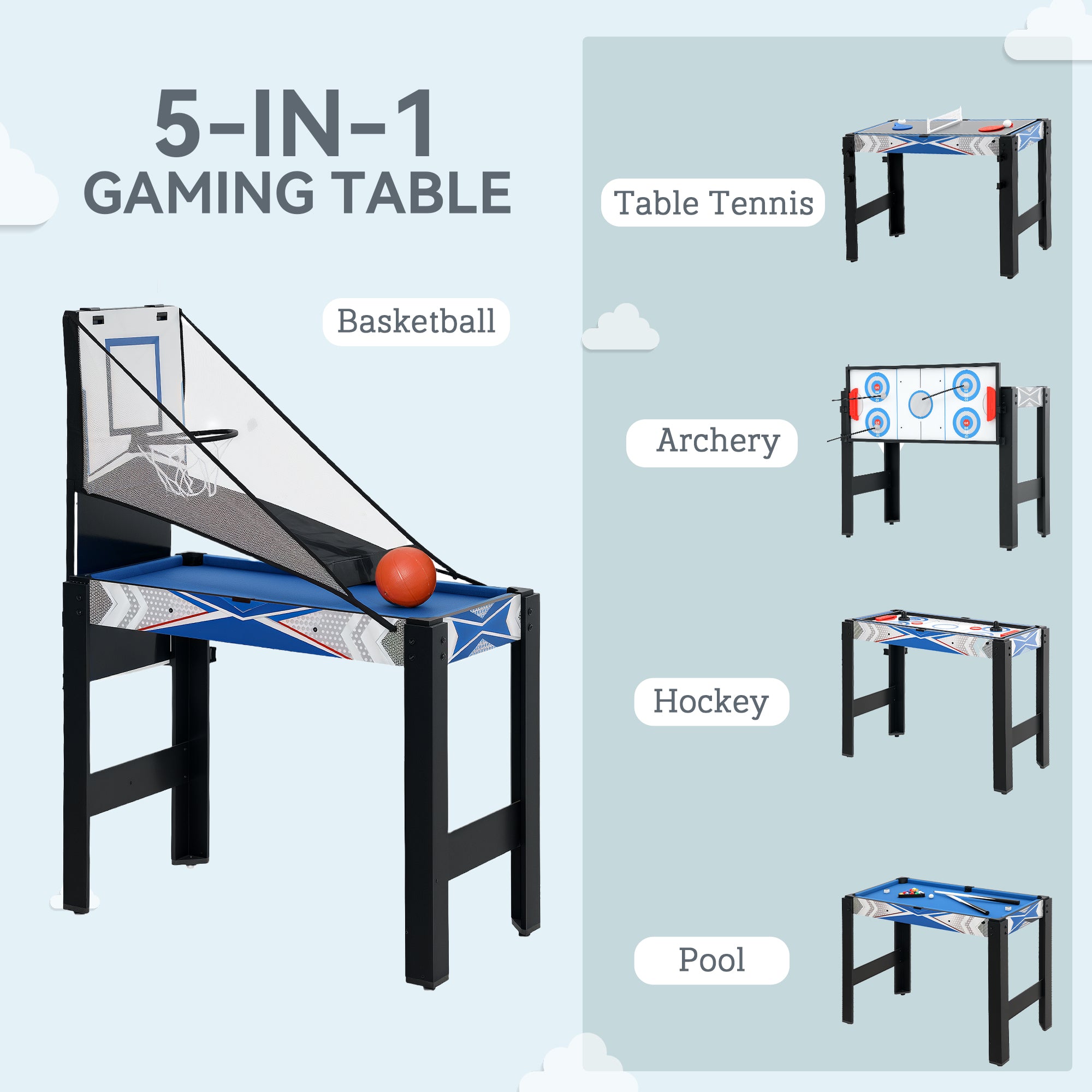 SPORTNOW 5-in-1 Multi Games Table, with Pool, Table Tennis, Basketball, Hockey, Archery, Blue - anydaydirect