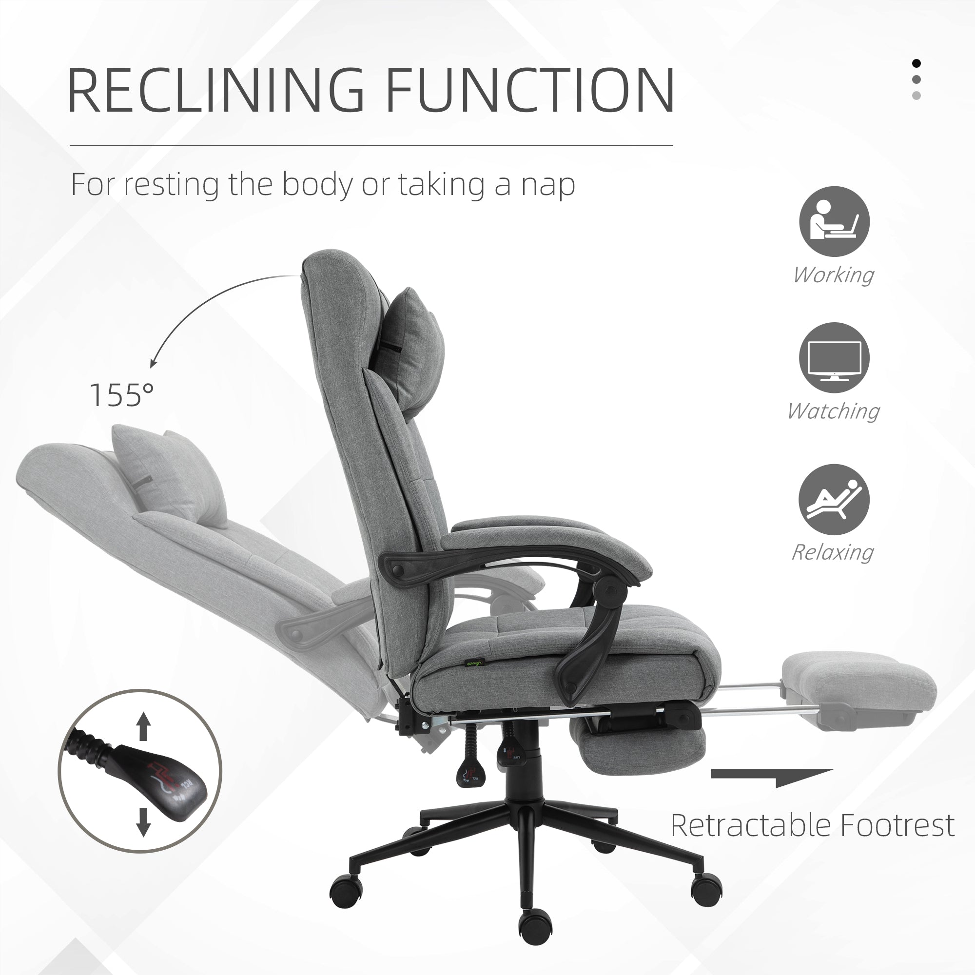 Vinsetto Office Chair with Footrest Ergonomic Office Chair with Armrests Lumber Support and Headrest Light Grey - anydaydirect