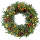 HOMCOM 60cm Pre-Lit Christmas Wreath for Front Door with LED Lights, Pine Cones and Red Berries, Winter Wreath for Windows, Wall Decoration, Green - anydaydirect
