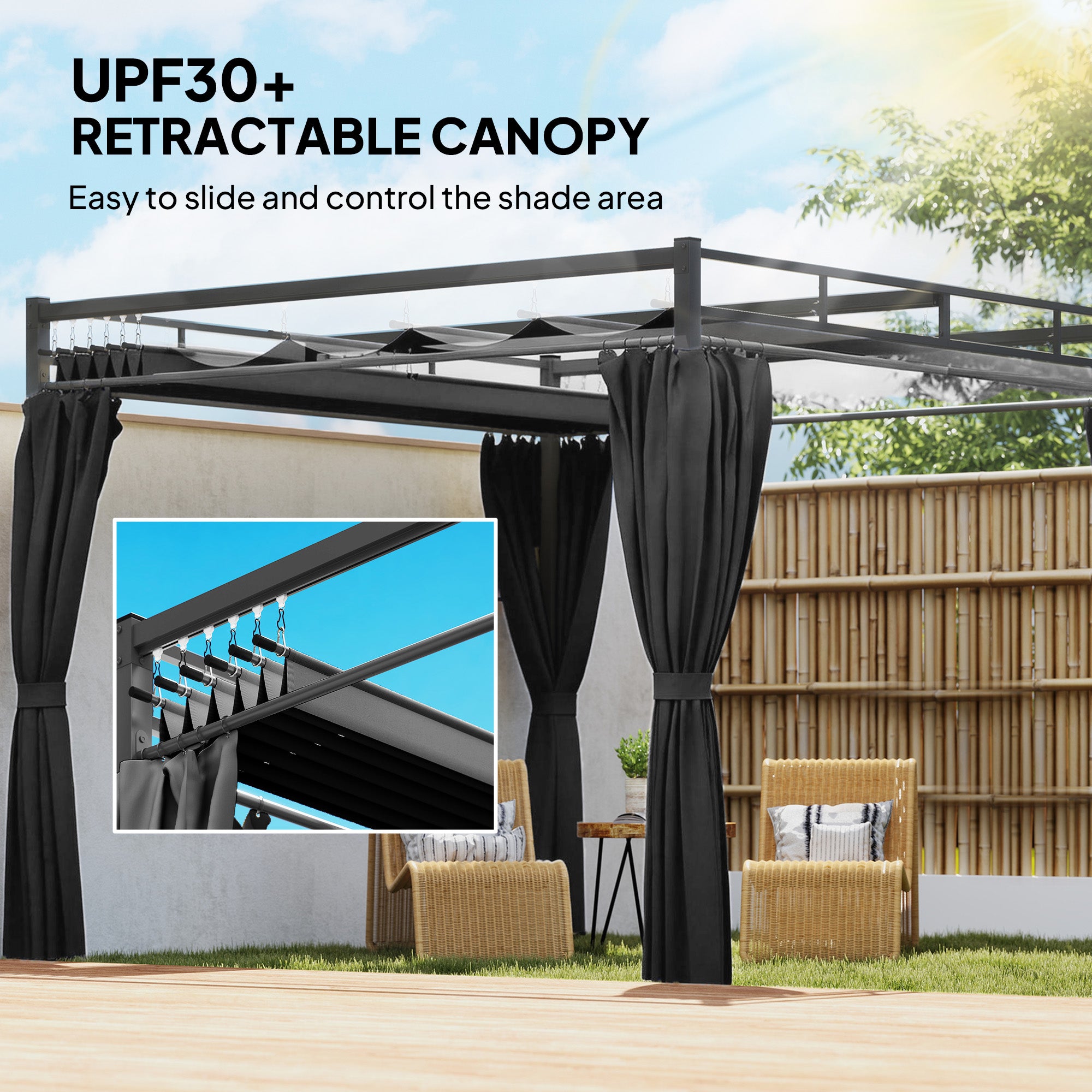 Outsunny 3 x 3 m Pergola with Retractable Roof Canopy and Curtains, UPF30+ Metal Frame Garden Pergola Gazebo Sun Shade, Dark Grey - anydaydirect