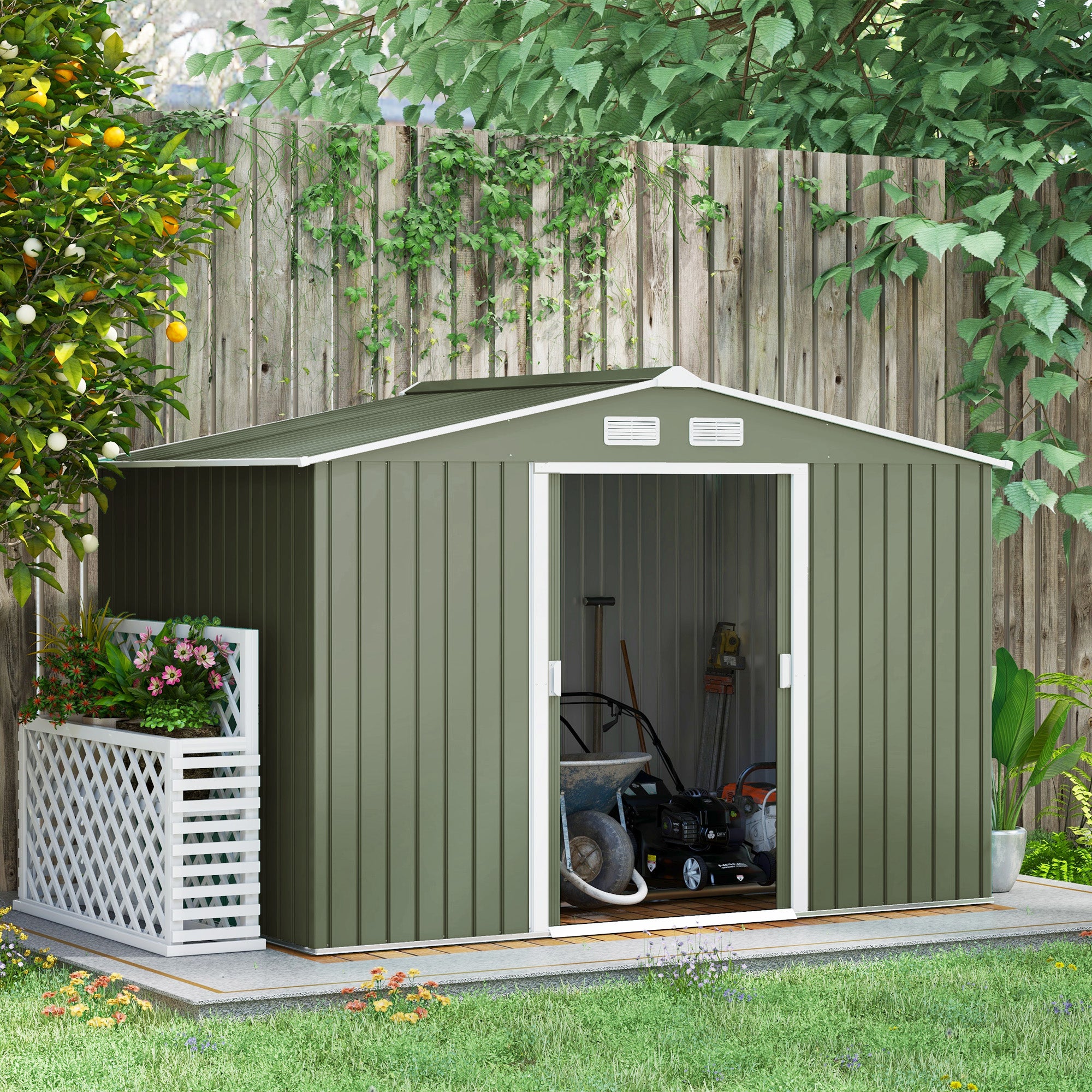 Outsunny 9 x 6 ft Metal Garden Storage Shed Corrugated Steel Roofed Tool Box with Foundation Ventilation and Doors, Light Green - anydaydirect