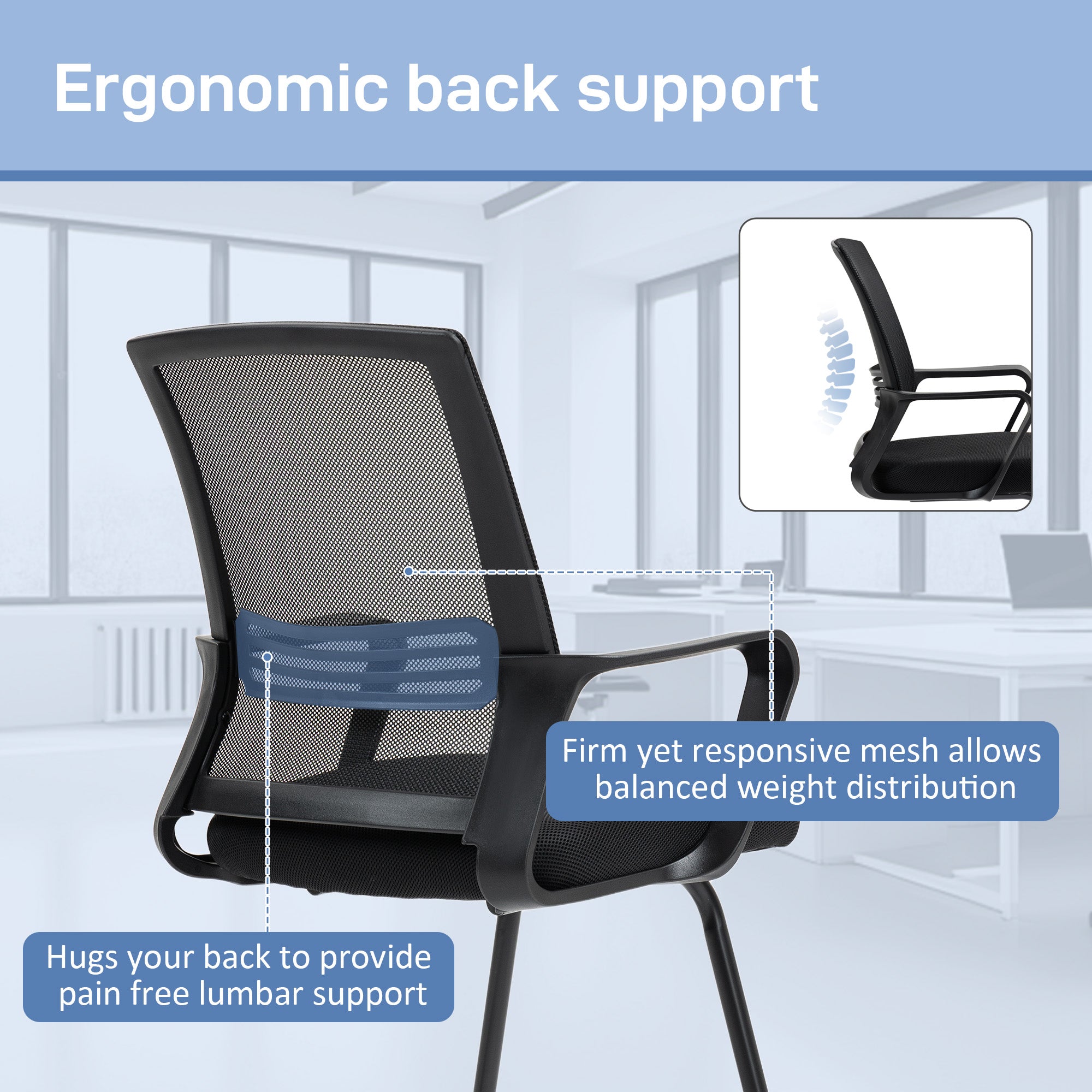 HOMCOM Ergonomic Desk Chair No Wheels, Padded Meeting Office Chair with Sled Base for Home Conference Room, Bedroom, Waiting, Reception, Black - anydaydirect