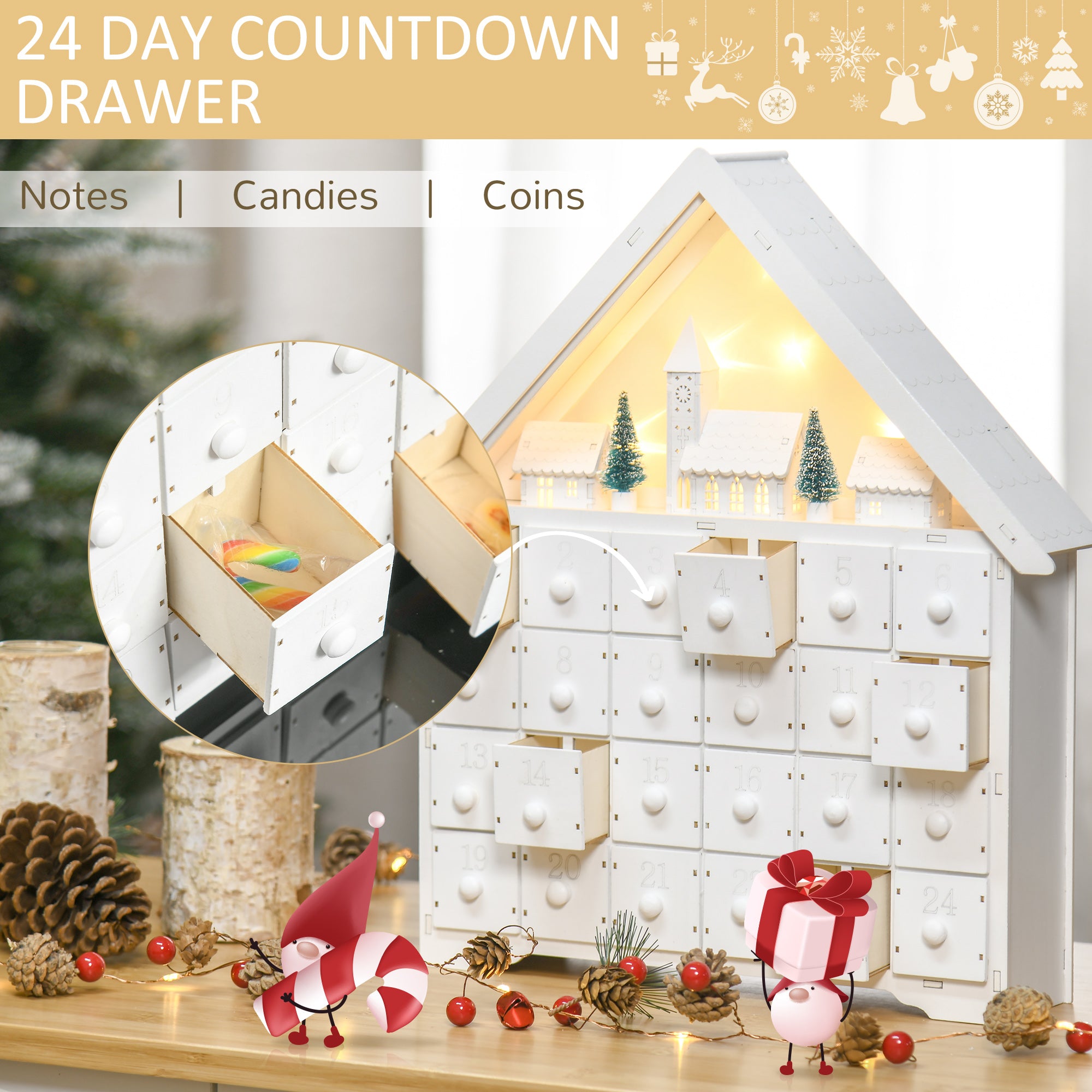 HOMCOM Christmas Advent Calendar, Light Up Table Xmas Wooden House Holiday Decoration with Countdown Drawer, Village, White - anydaydirect