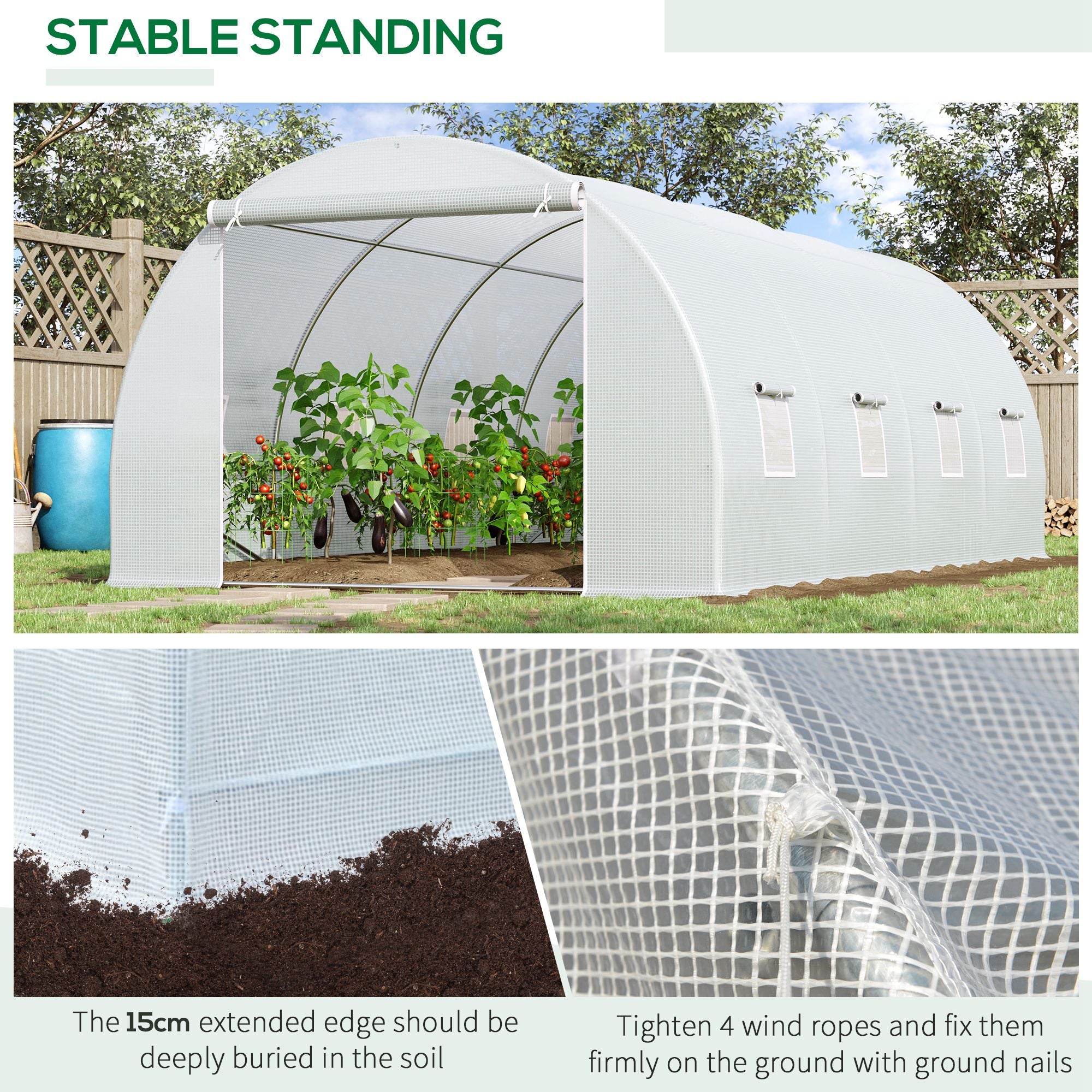 Outsunny 6 x 3 x 2 m Polytunnel Greenhouse, Walk in Polytunnel Tent with Metal Frame, Zippered Door and 8 Windows for Garden and Backyard, White - anydaydirect