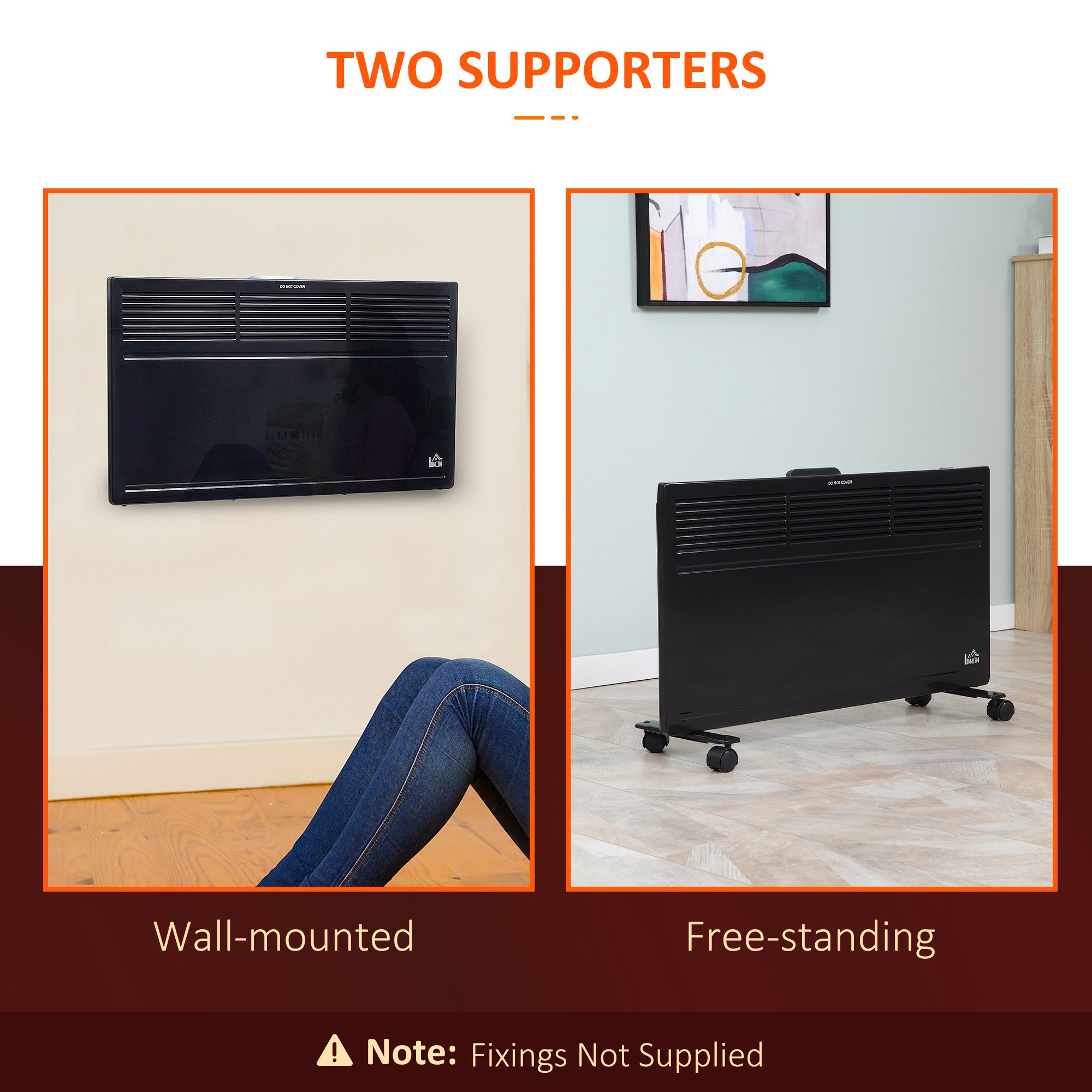 HOMCOM POWER Convector Radiator Freestanding or Wall-mounted Heating with 2 Heat Settings Safety Cut-Off, Black - anydaydirect