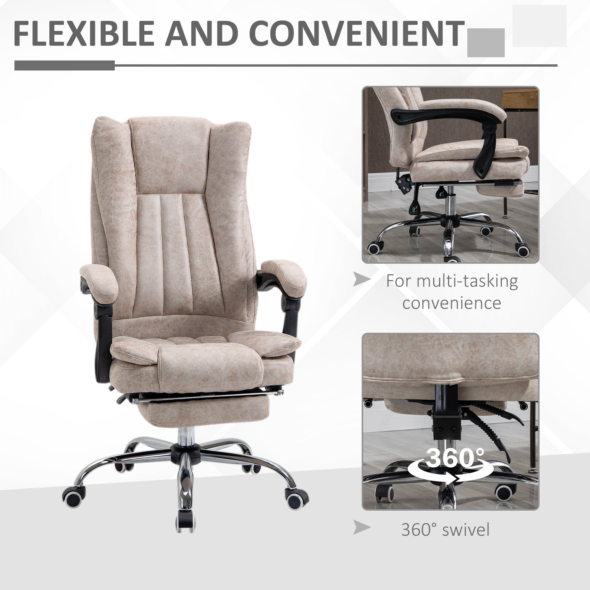 Vinsetto Home Office Chair Microfibre Desk Chair with Reclining Function Armrests Swivel Wheels Footrest Beige - anydaydirect