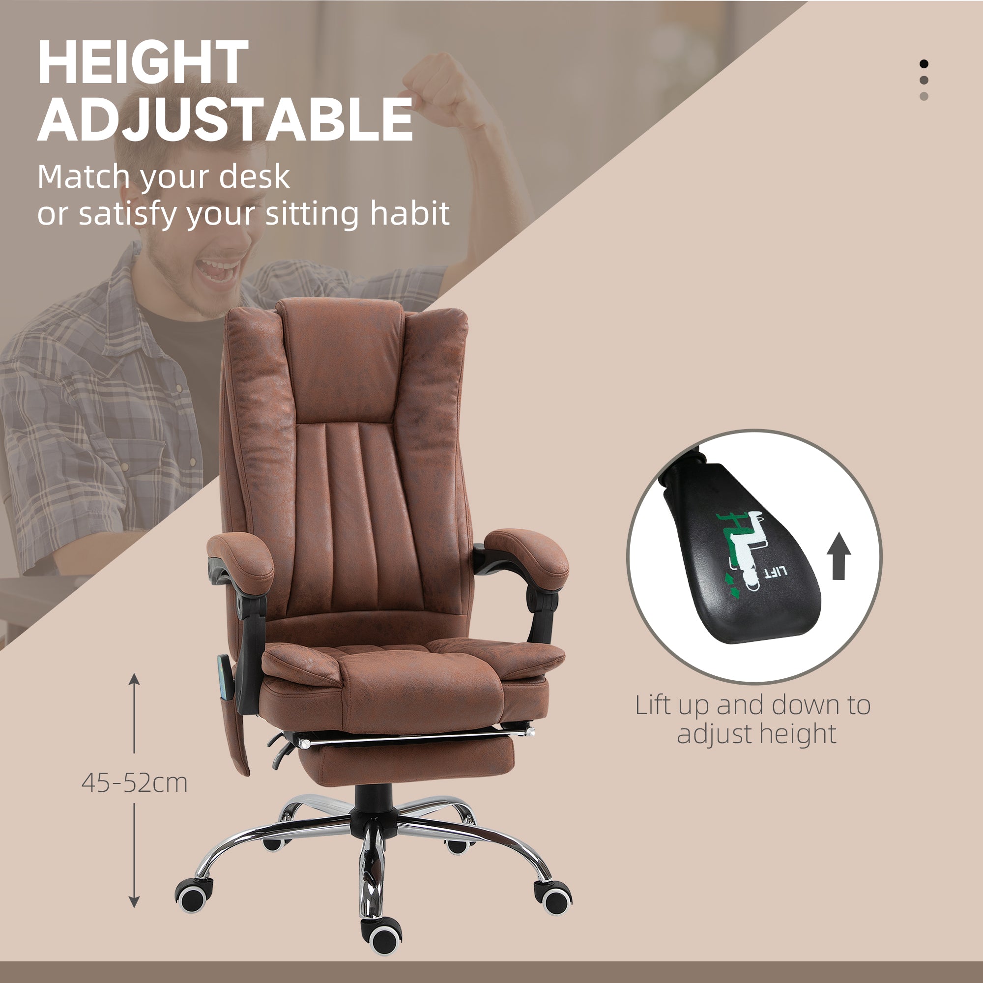 Vinsetto Office Chair with Massage and Heat, Microfibre Reclining Computer Desk Chair with Footrest and Adjustable Height, Swivel Wheels for Home Office, Brown - anydaydirect