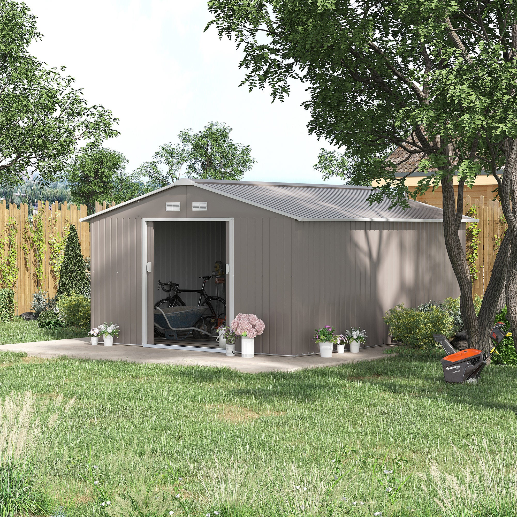 Outsunny 13 x 11ft Garden Metal Storage Shed Outdoor Storage Shed with Foundation Ventilation & Doors, Light Grey - anydaydirect