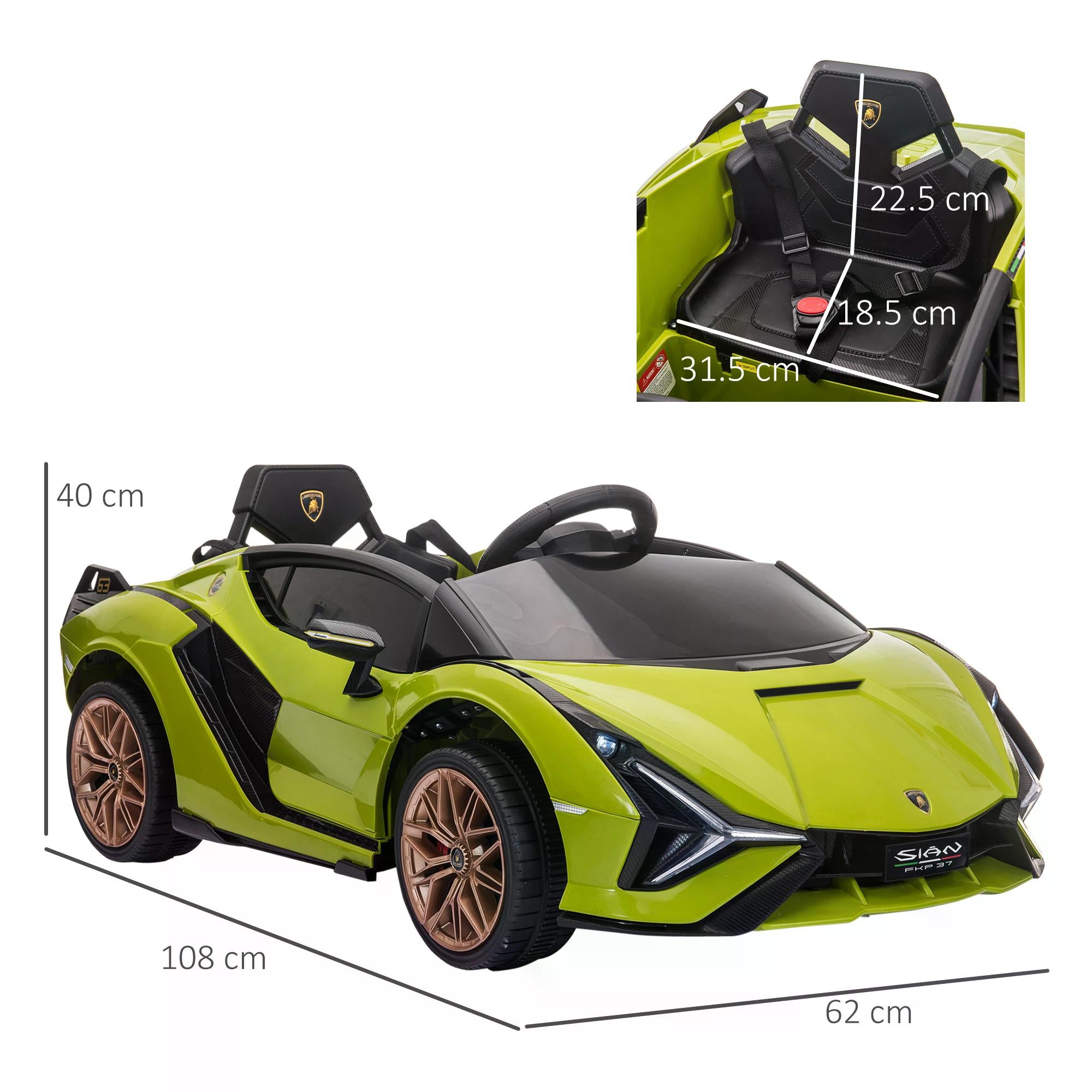 HOMCOM Compatible 12V Battery-powered Kids Electric Ride On Car Lamborghini SIAN Toy with Parental Remote Lights MP3 for 3-5 Years Green - anydaydirect