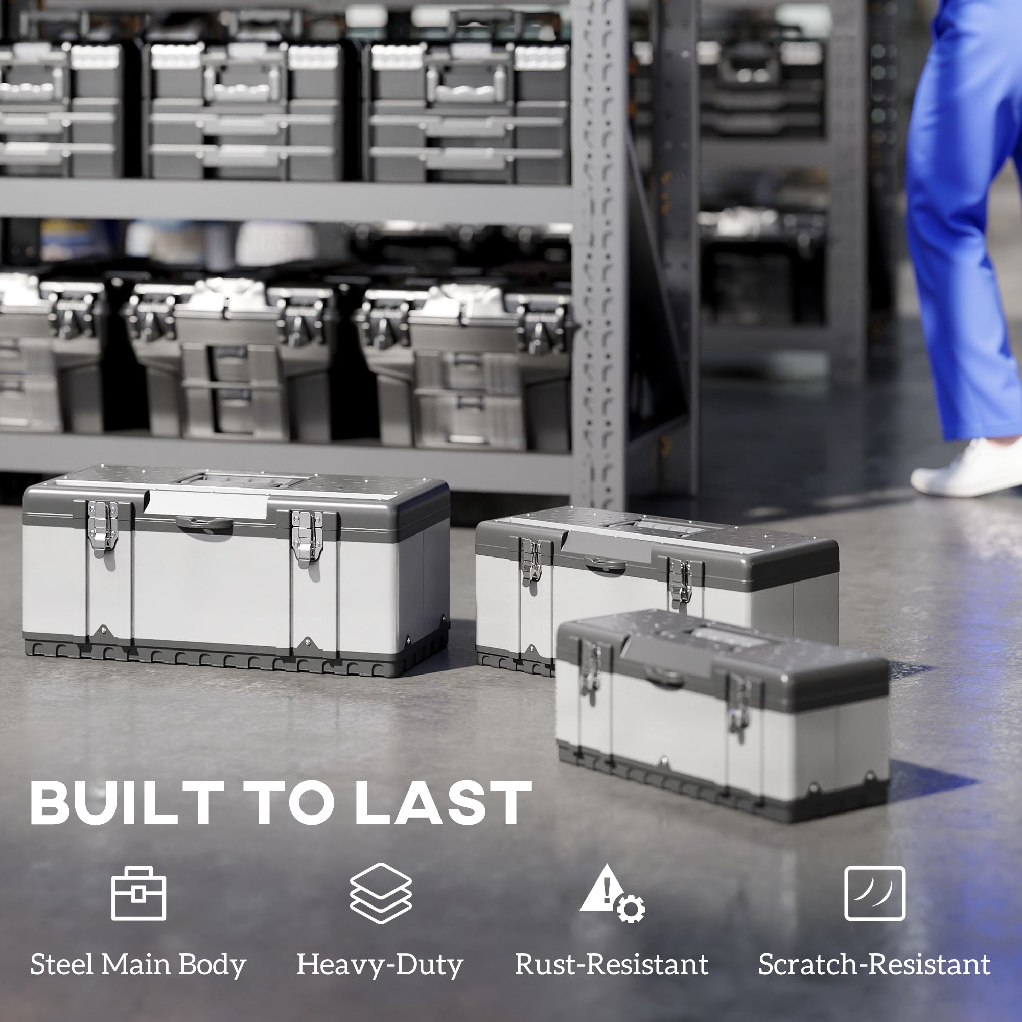 HOMCOM 3 Pieces Stainless Steel Toolbox Set, 23"/ 19"/ 16" - anydaydirect