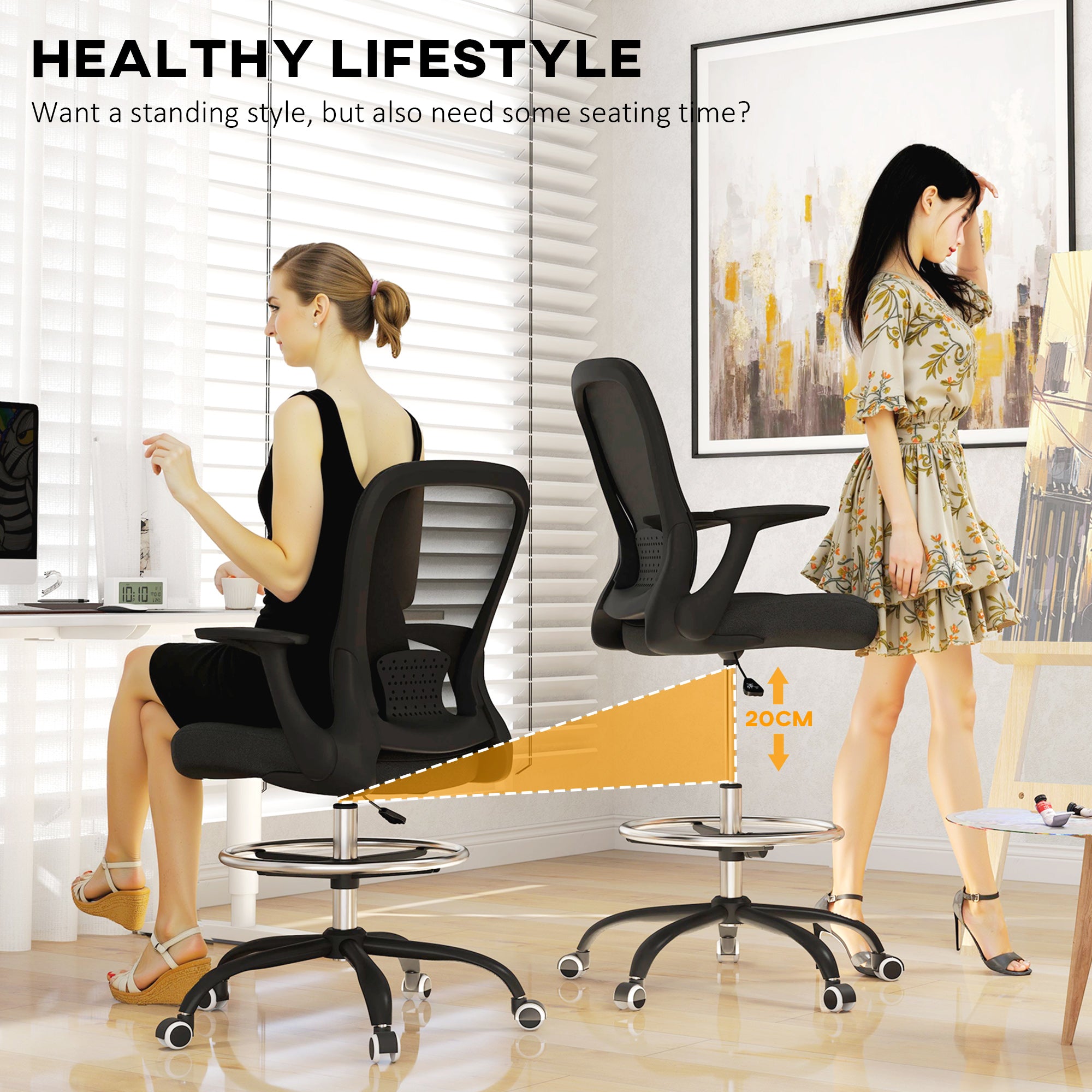 HOMCOM Draughtsman Chair, Mesh Drafting Chair, Ergonomic Office Chair with Flip-up Armrest, Adjustable Foot Ring, Black - anydaydirect