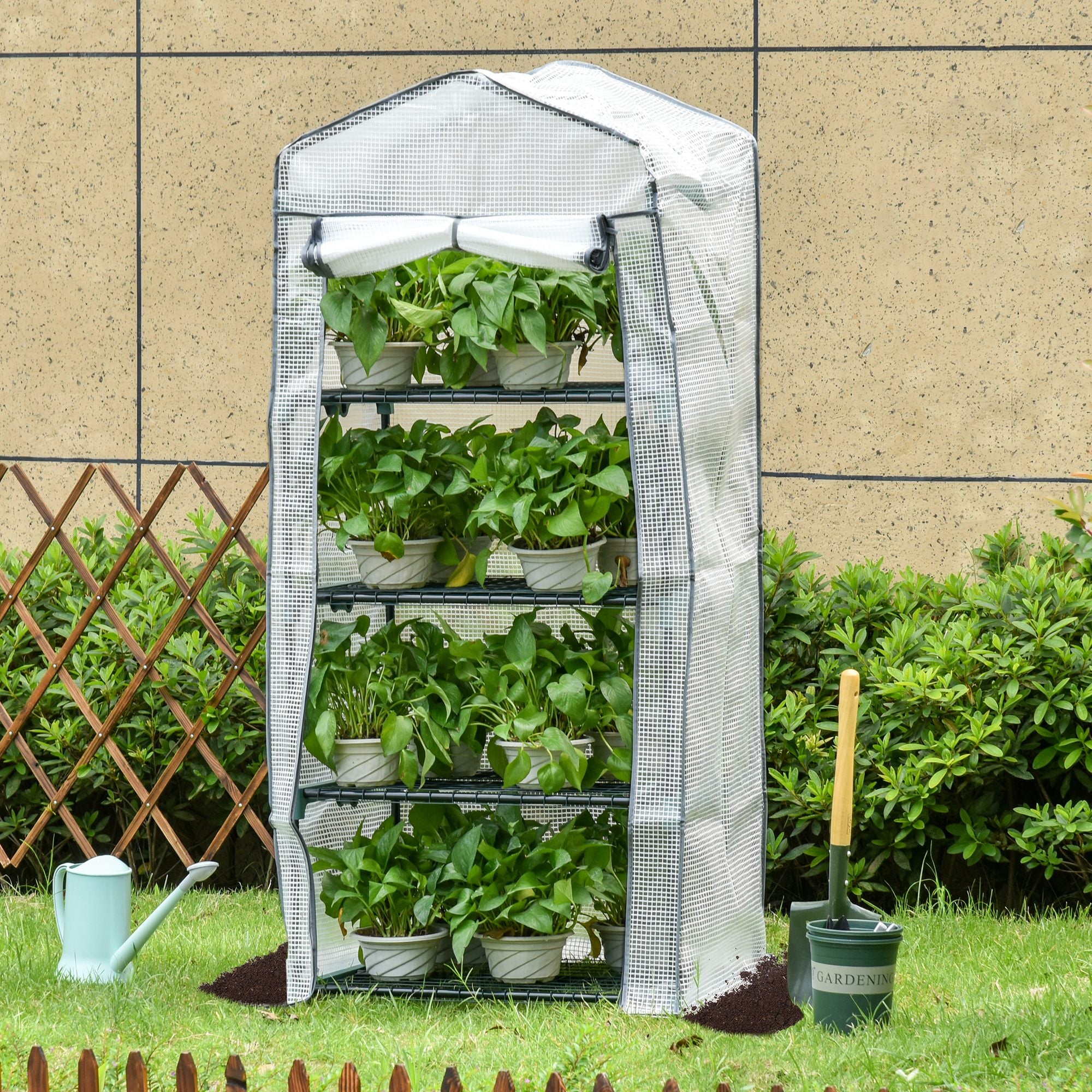 Outsunny 4 Tiers Mini Portable Greenhouse Compact Plant Grow Shed Metal Frame PE Cover 160H x 70L x 50Wcm - anydaydirect