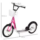HOMCOM Kids Kick Scooter Teen Ride On Children Scooter with Adjustable Handlebar 2 Brakes Basket Cupholder Mudguard 16" Inflatable Rubber Tyres Pink - anydaydirect