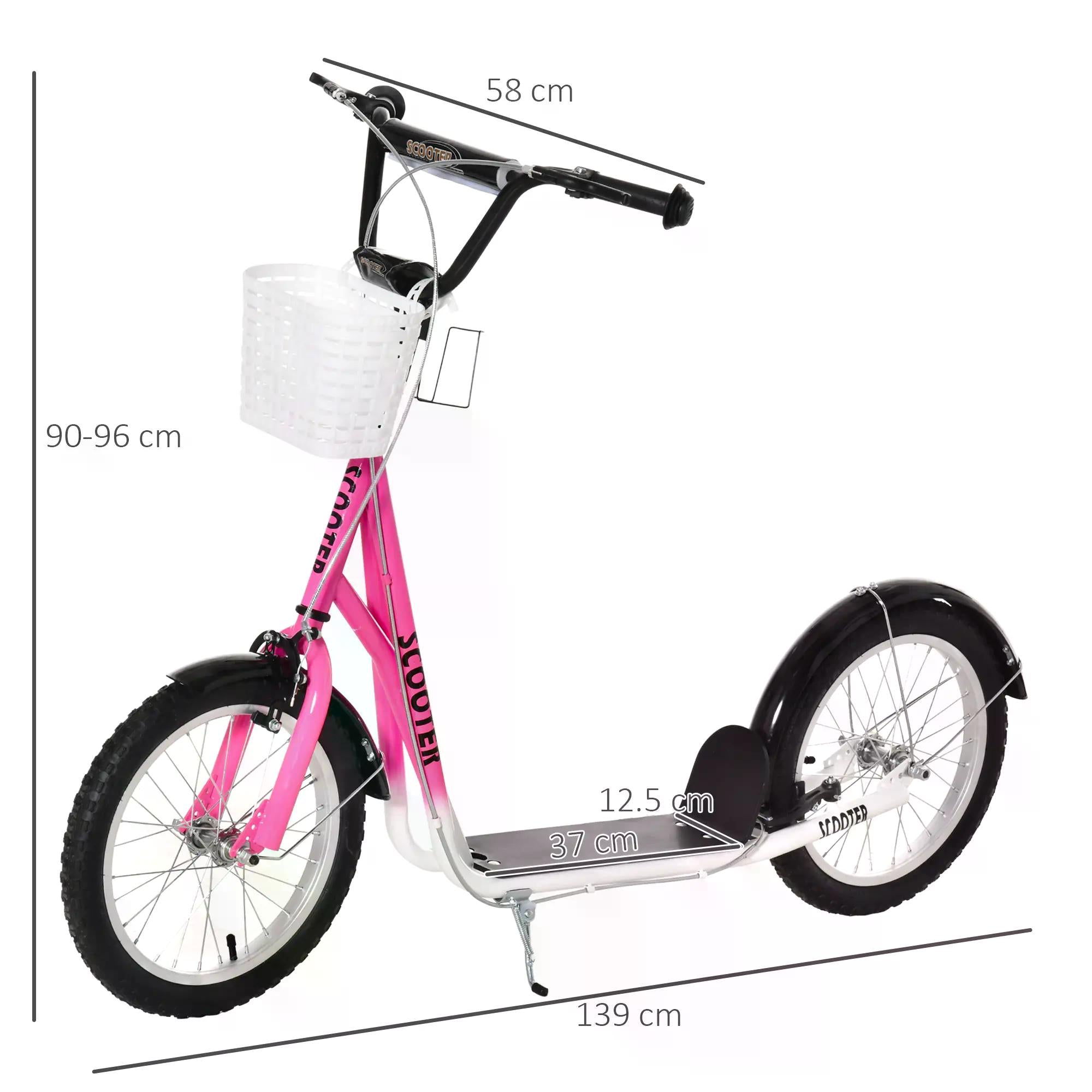 HOMCOM Kids Kick Scooter Teen Ride On Children Scooter with Adjustable Handlebar 2 Brakes Basket Cupholder Mudguard 16" Inflatable Rubber Tyres Pink - anydaydirect