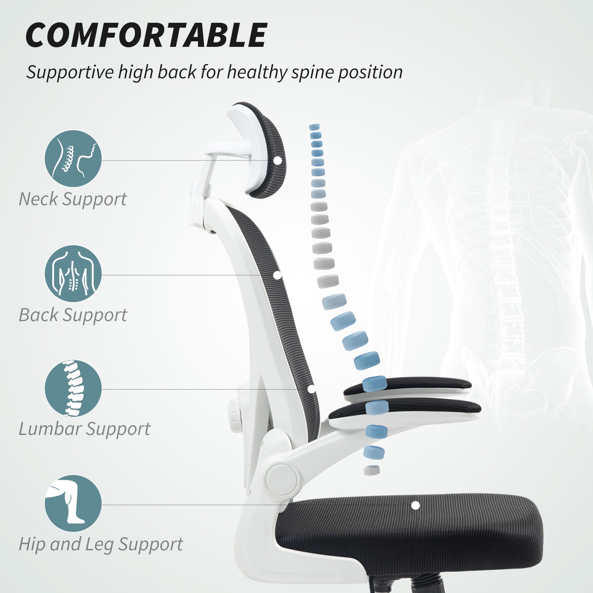 HOMCOM Executive Office Chair, Ergonomic Mesh High Back Desk Chair with Flip-up Armrest, Rotatable Headrest, Adjustable Lumbar Support for Home Study, Black - anydaydirect