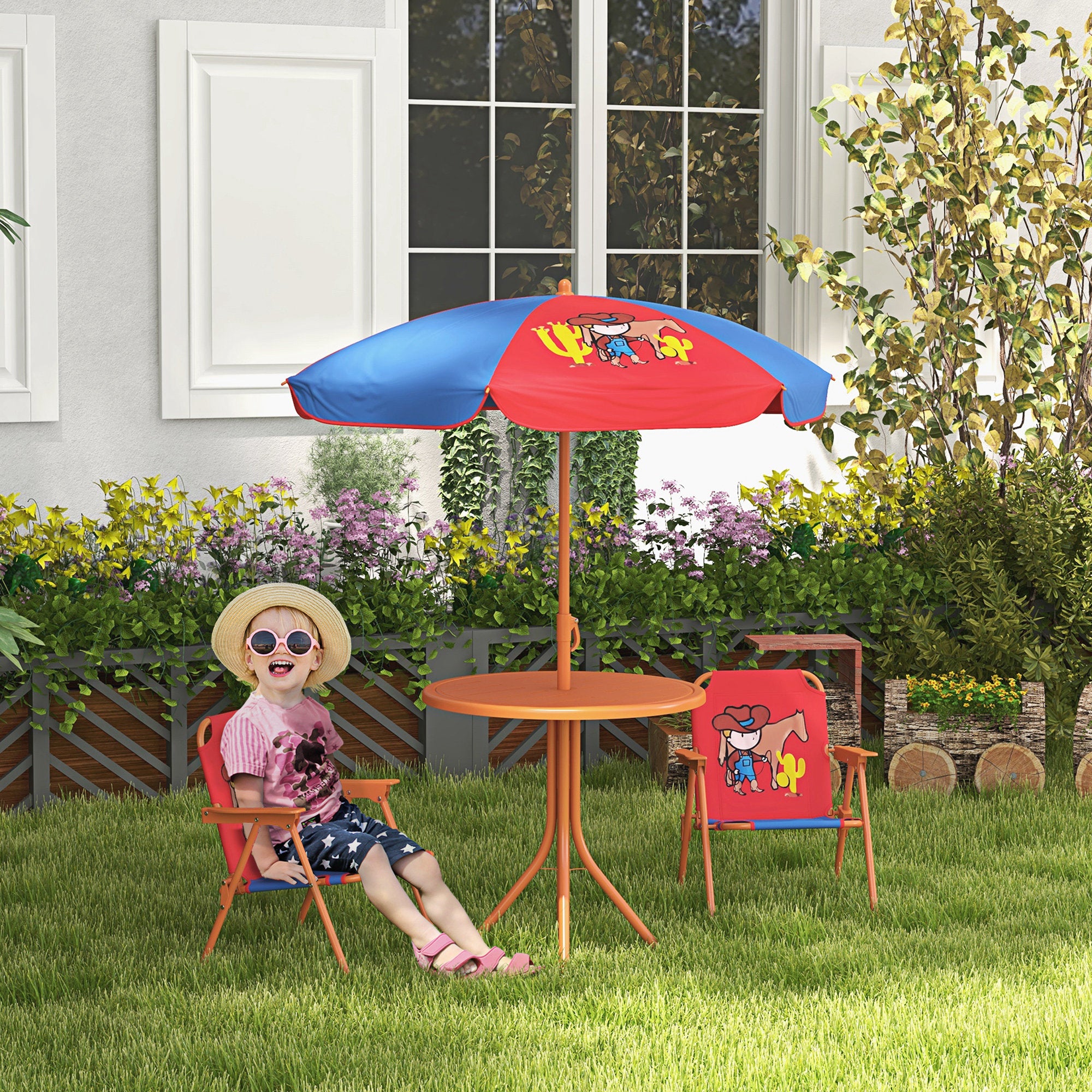 children's patio set umbrella Outsunny Kids Table and Chair Set, Outdoor Folding Garden Furniture, Picnic Table for Backyard, with Removable & Height Adjustable Sun Umbrella, Brown W x 20.5 in KOTEK Kids Picnic Table, Wooden