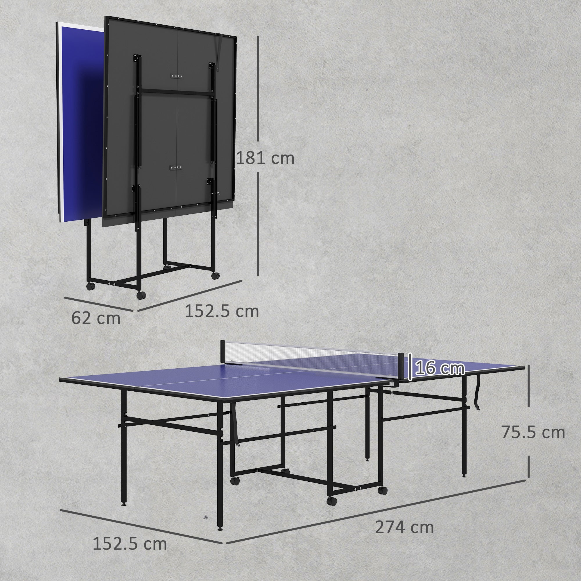 SPORTNOW 9FT Folding Table Tennis Table with Four Wheels, for Indoor Use, Blue - anydaydirect