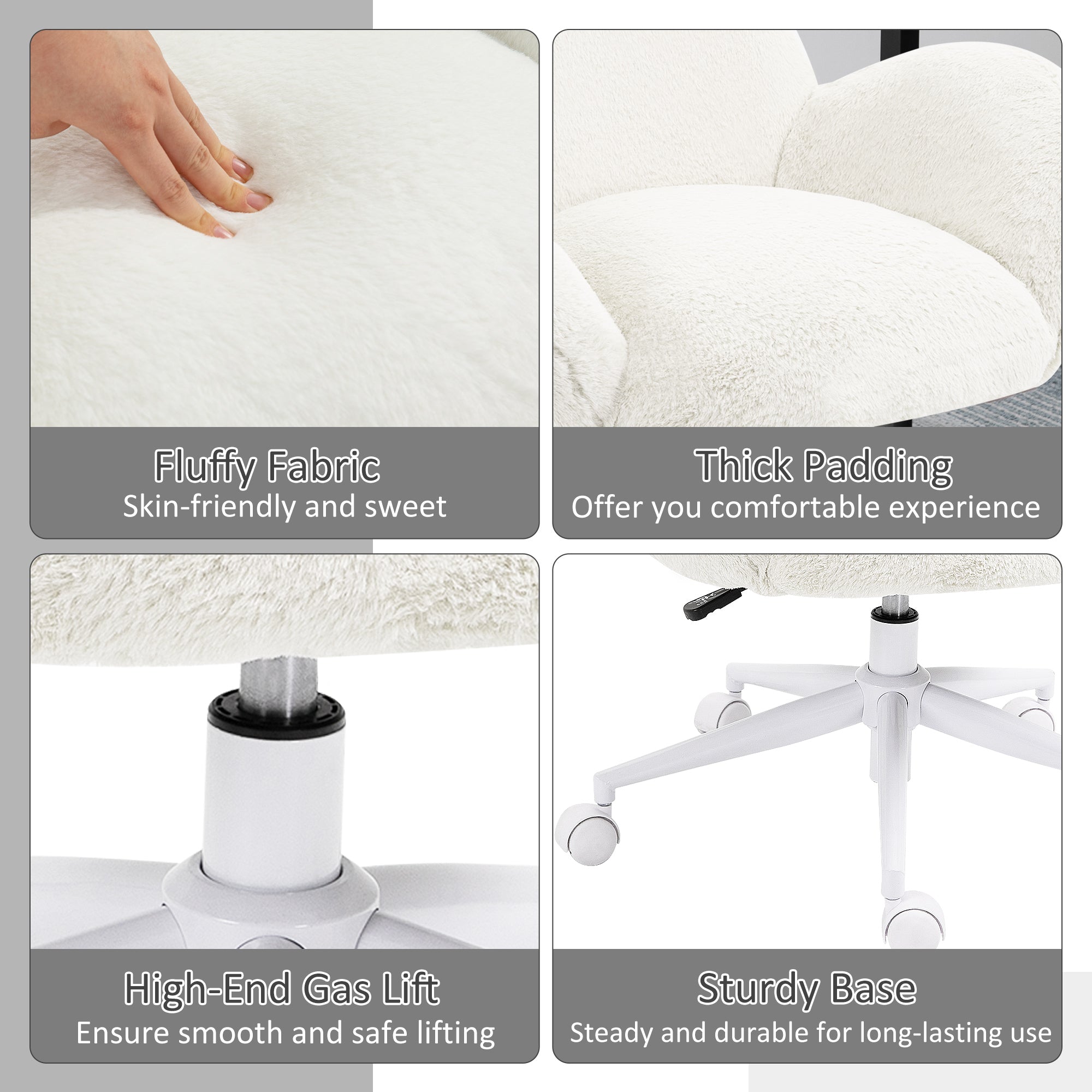 HOMCOM Makeup Vanity Chair, Cute Fluffy Desk Chair with Rolling Wheels for Bedroom Living Room, Cream White - anydaydirect